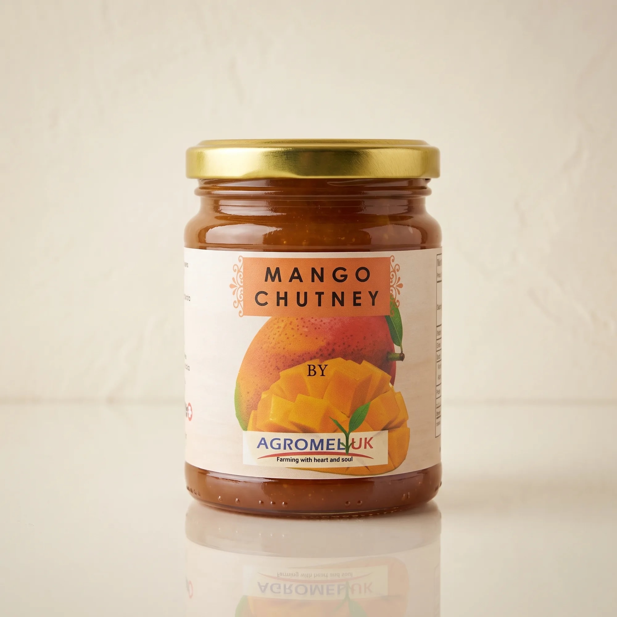 Mango Chutney 275g jar on a reflective glass surface — made in Sri Lanka, from Agromel UK