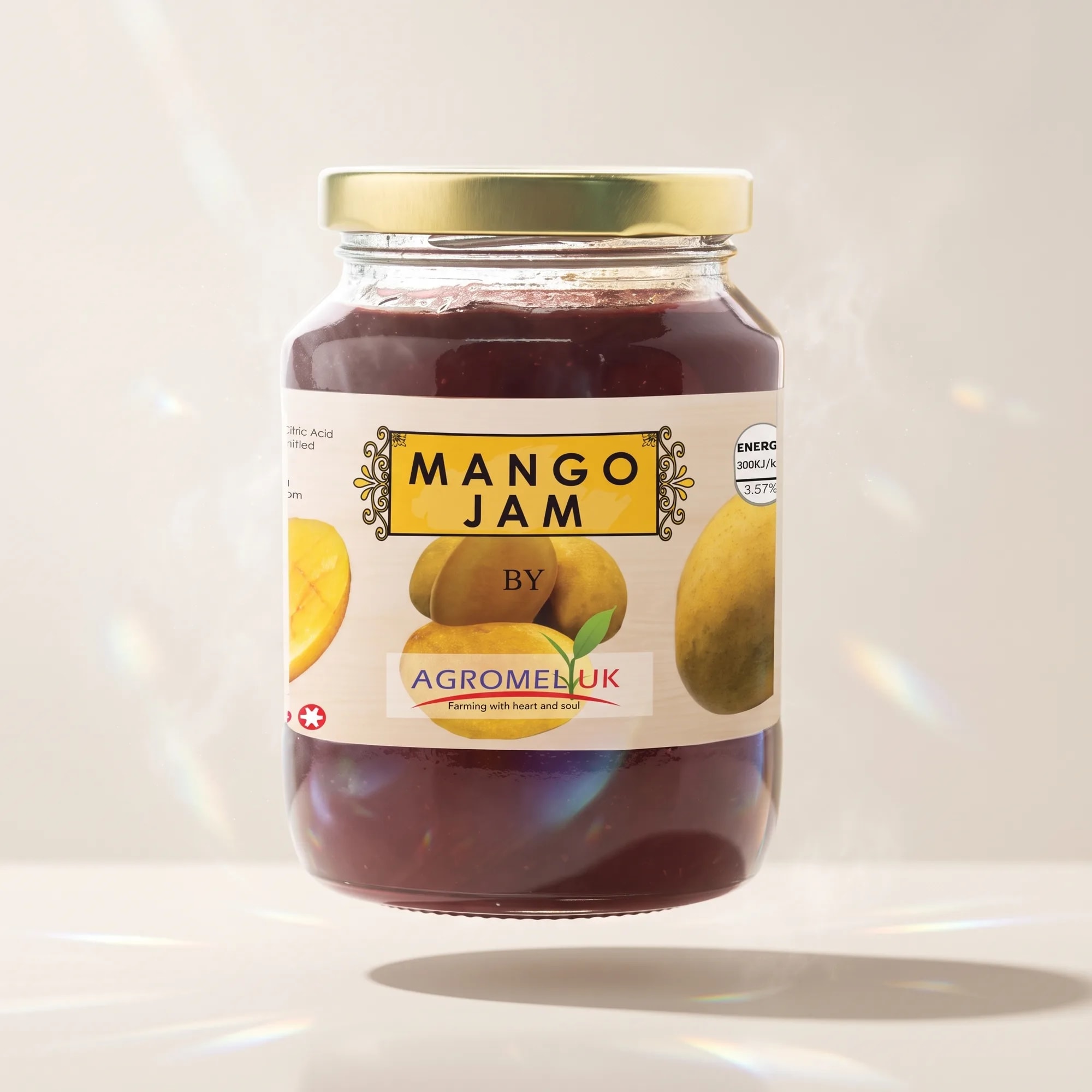 Mango Jam 200g jar floating above an ivory surface — made in Sri Lanka, from Agromel UK