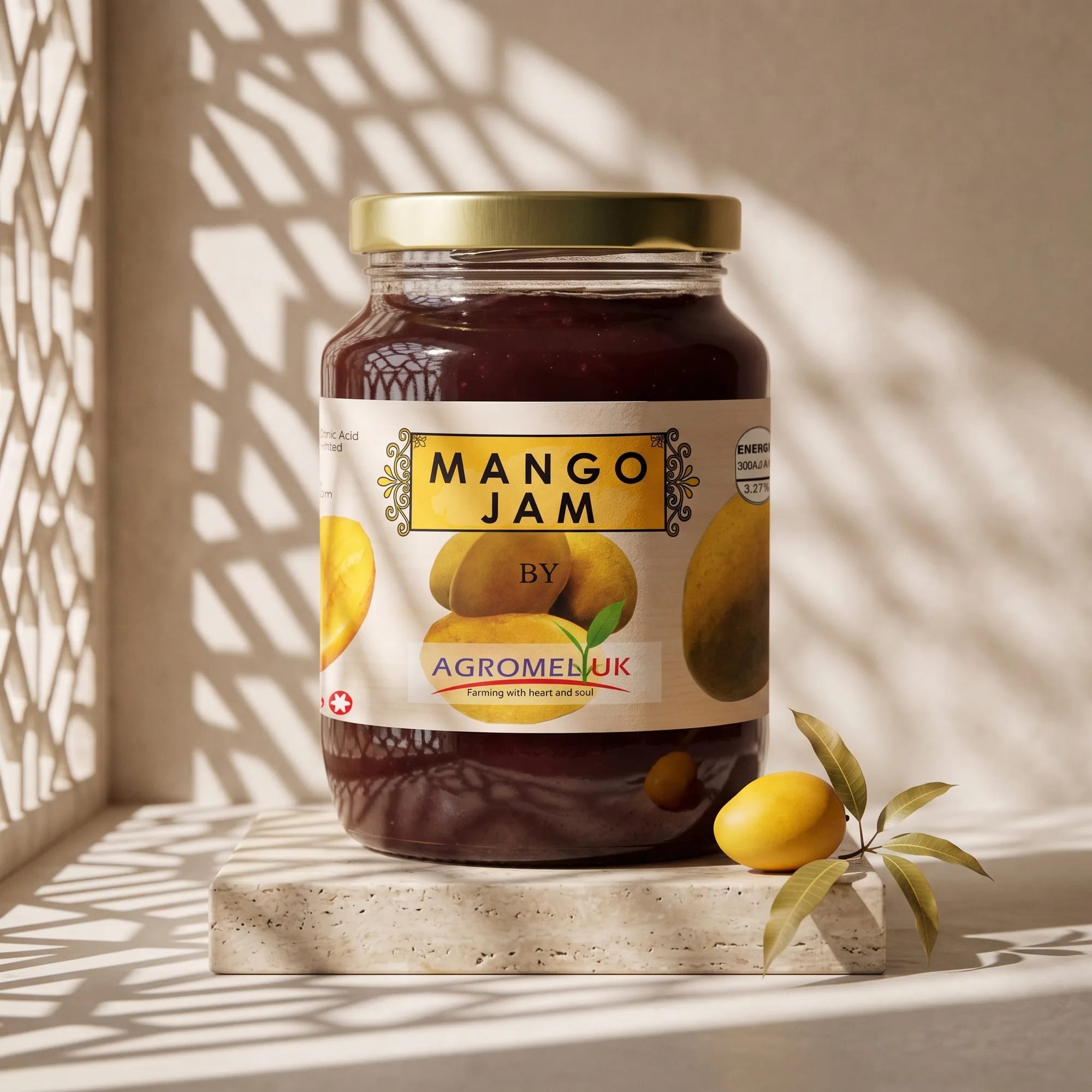 Mango Jam 200g jar in a styled lifestyle scene — made in Sri Lanka, from Agromel UK