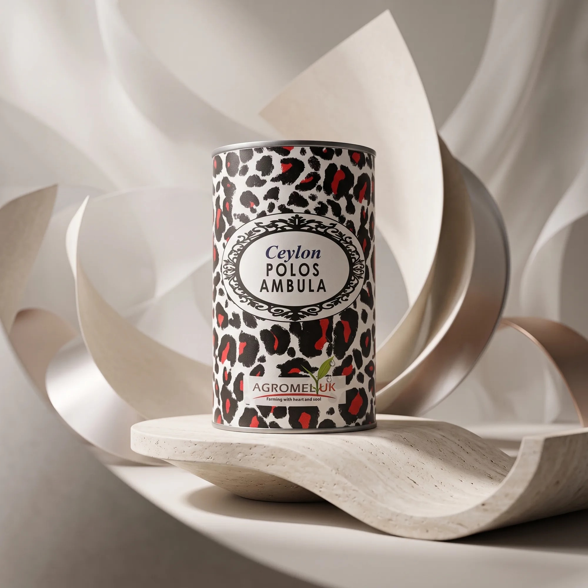 Polos Ambula 400g tin in warm dappled sunlight — made in Sri Lanka, from Agromel UK