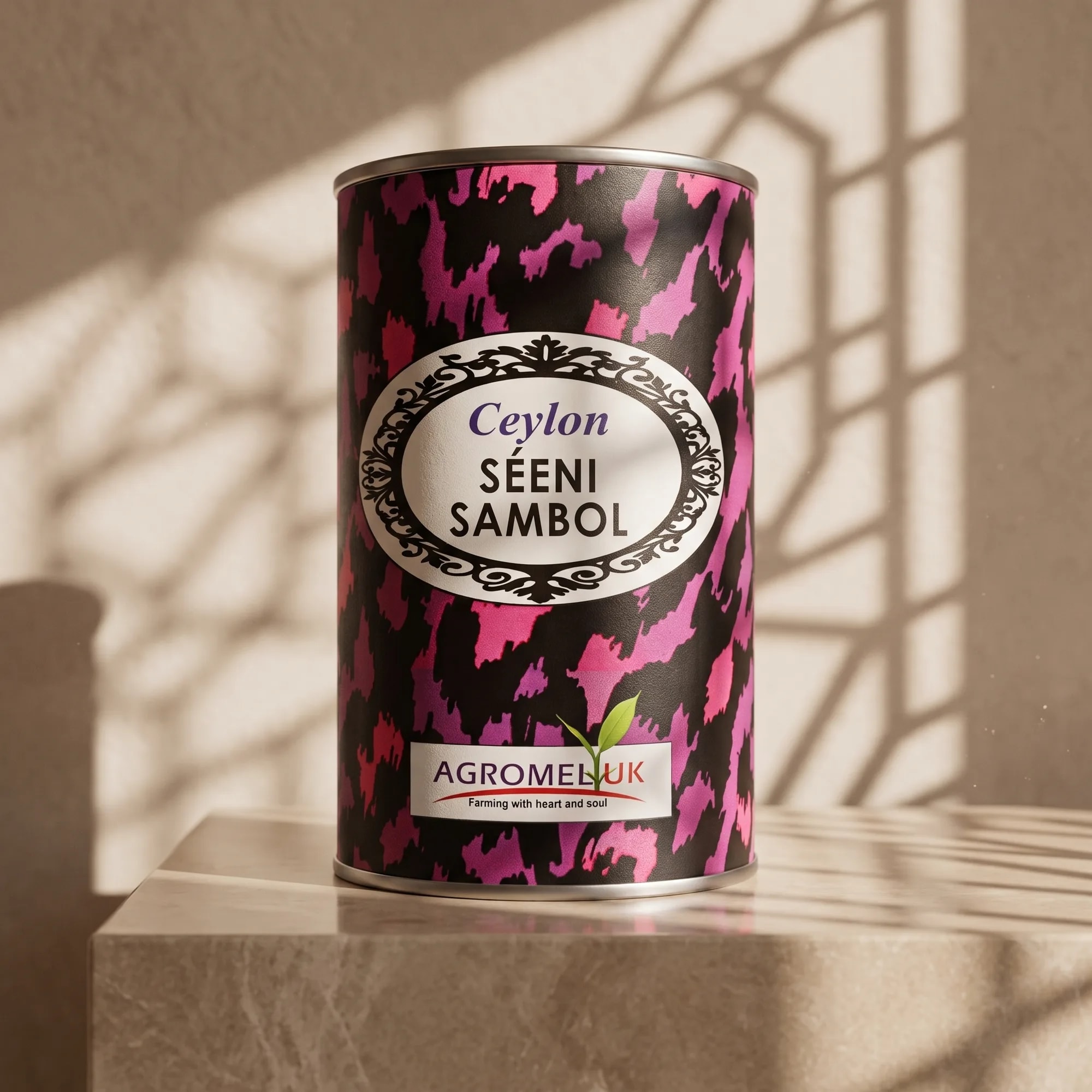 Seeni Sambol 350g tin in a styled lifestyle scene — made in Sri Lanka, from Agromel UK