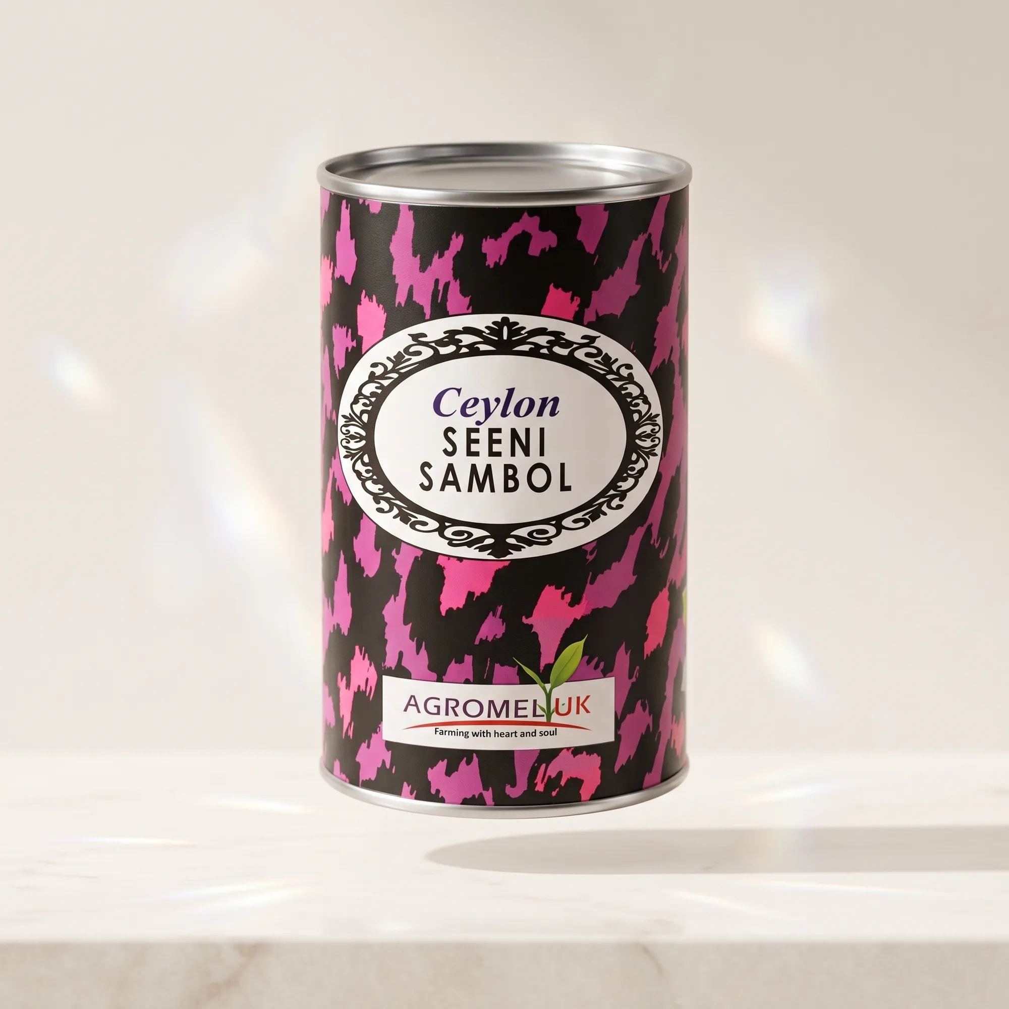 Seeni Sambol 350g tin in a styled lifestyle scene (view 2) — made in Sri Lanka, from Agromel UK