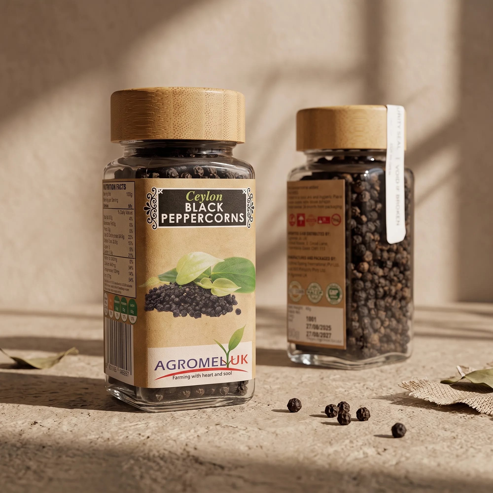 Ceylon Black Peppercorns 60g glass jar in a styled lifestyle scene — made in Sri Lanka, from Agromel UK