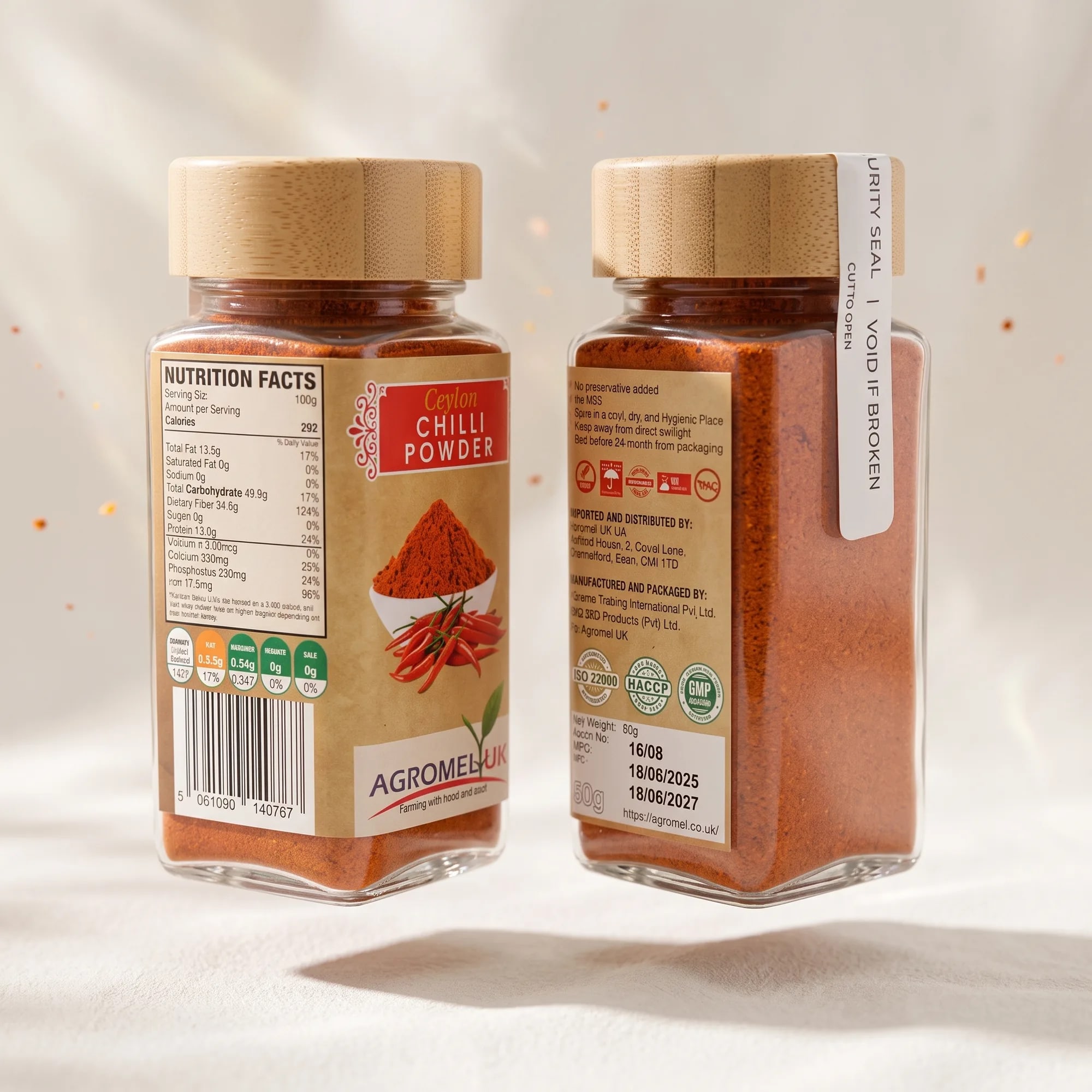 Ceylon Chilli Powder 60g glass jar in a styled lifestyle scene — made in Sri Lanka, from Agromel UK