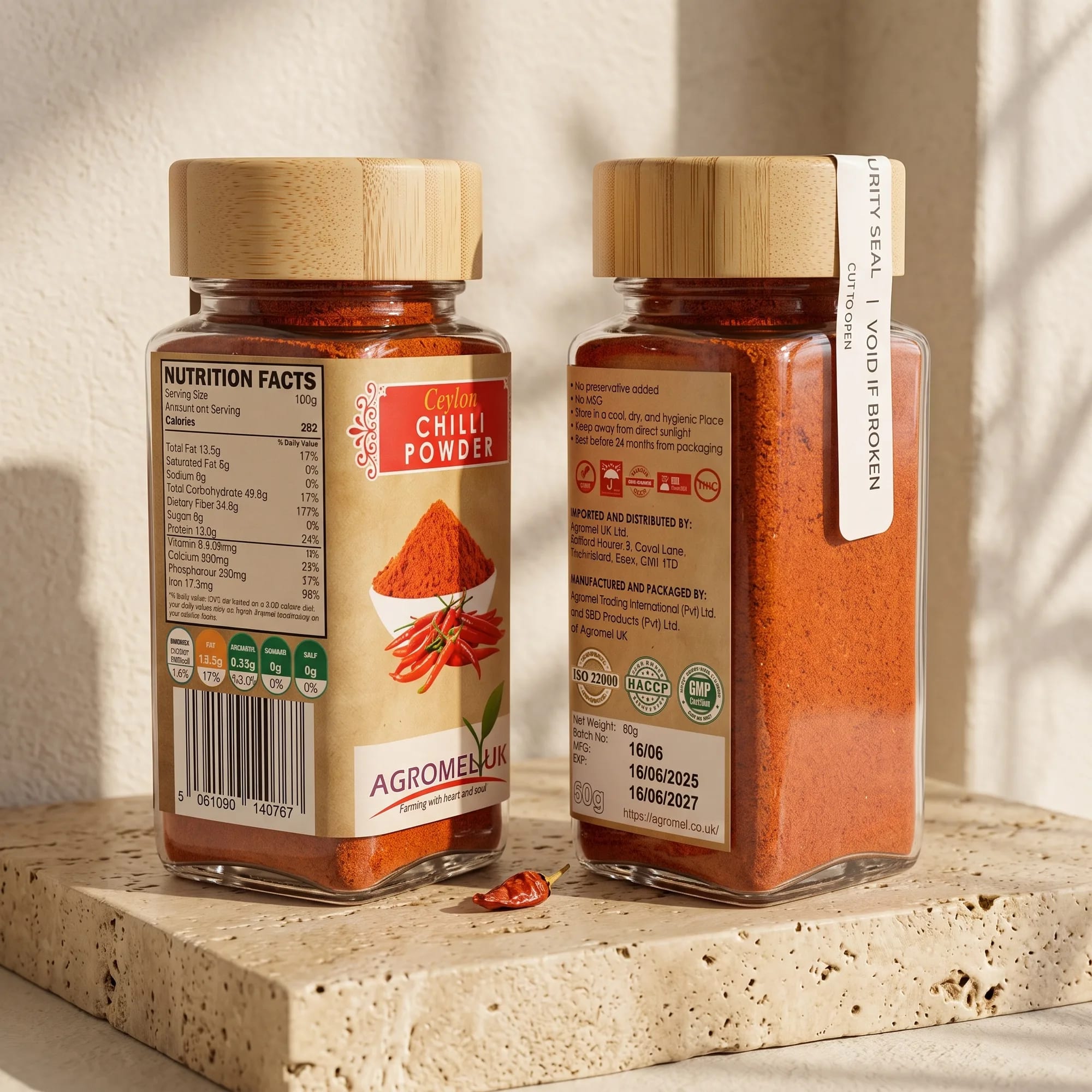Ceylon Chilli Powder 60g glass jar in a styled lifestyle scene (view 2) — made in Sri Lanka, from Agromel UK