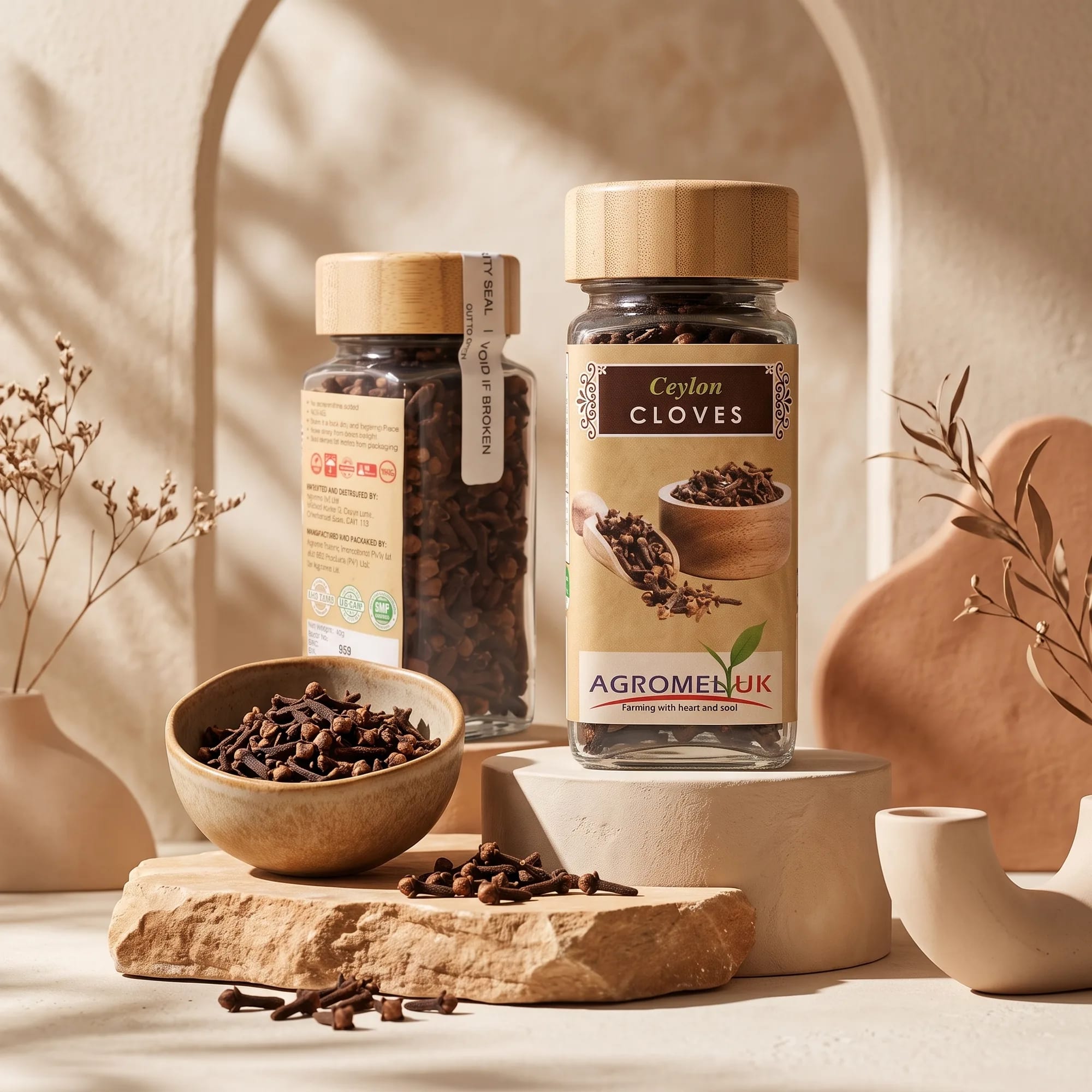 Ceylon Cloves 40g glass jar in a soft-lit studio setting — made in Sri Lanka, from Agromel UK