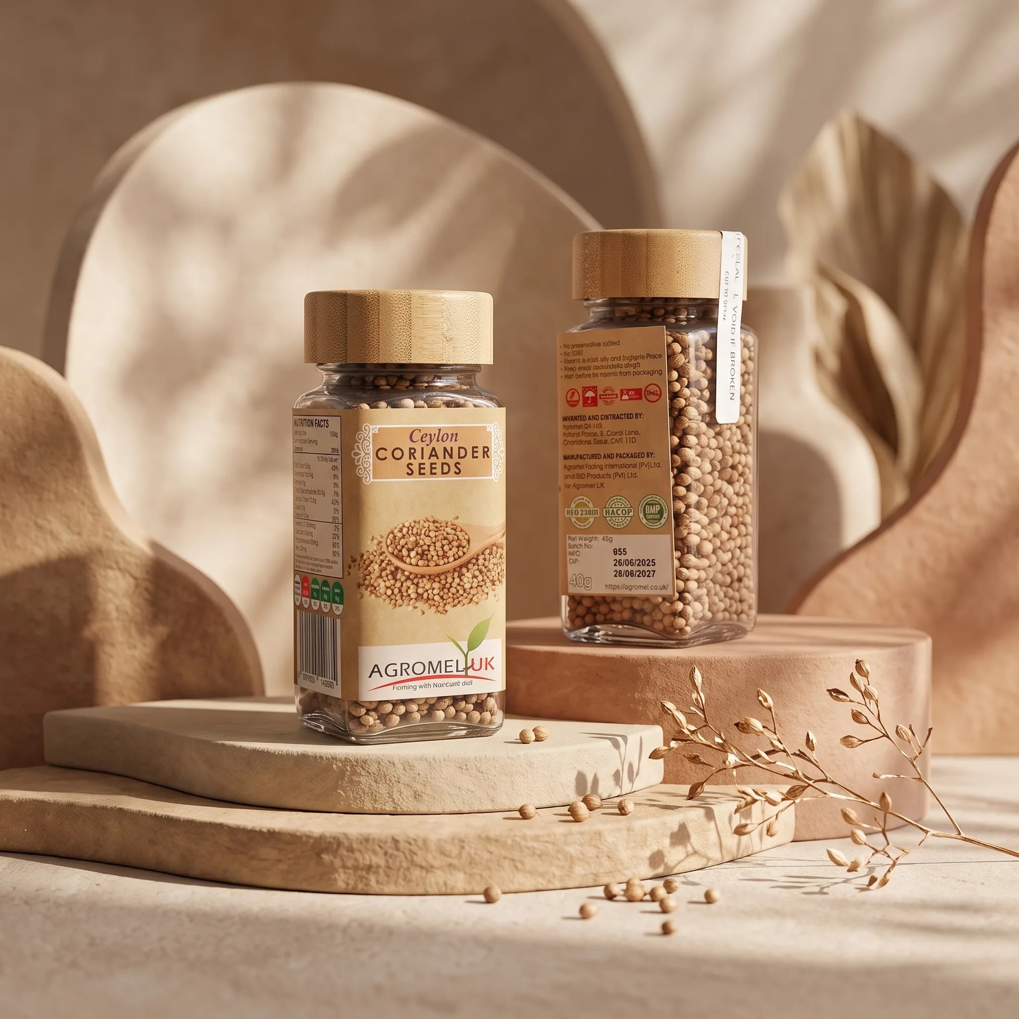 Ceylon Coriander Seeds 40g glass jar in warm dappled sunlight — made in Sri Lanka, from Agromel UK