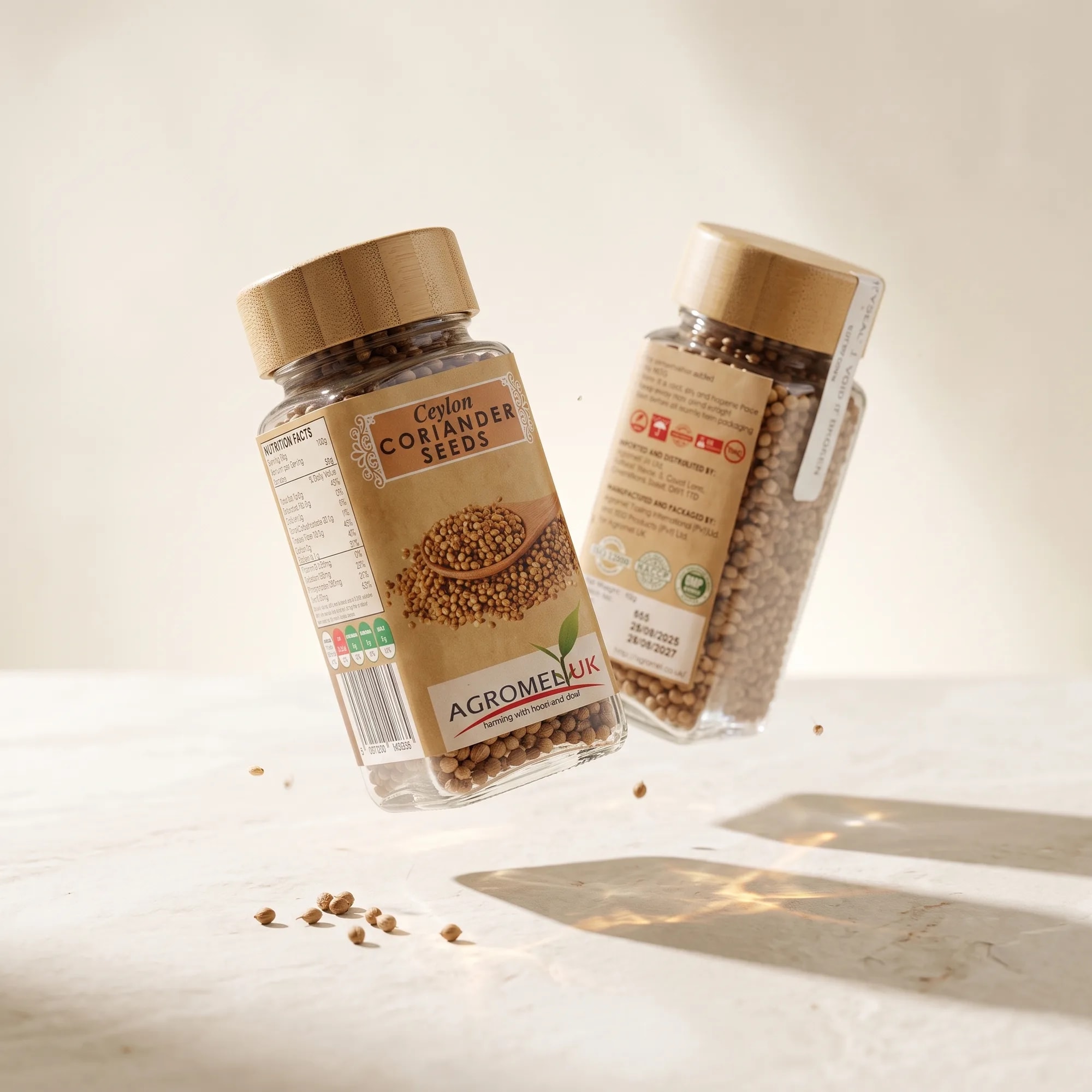 Ceylon Coriander Seeds 40g glass jar in a styled lifestyle scene — made in Sri Lanka, from Agromel UK