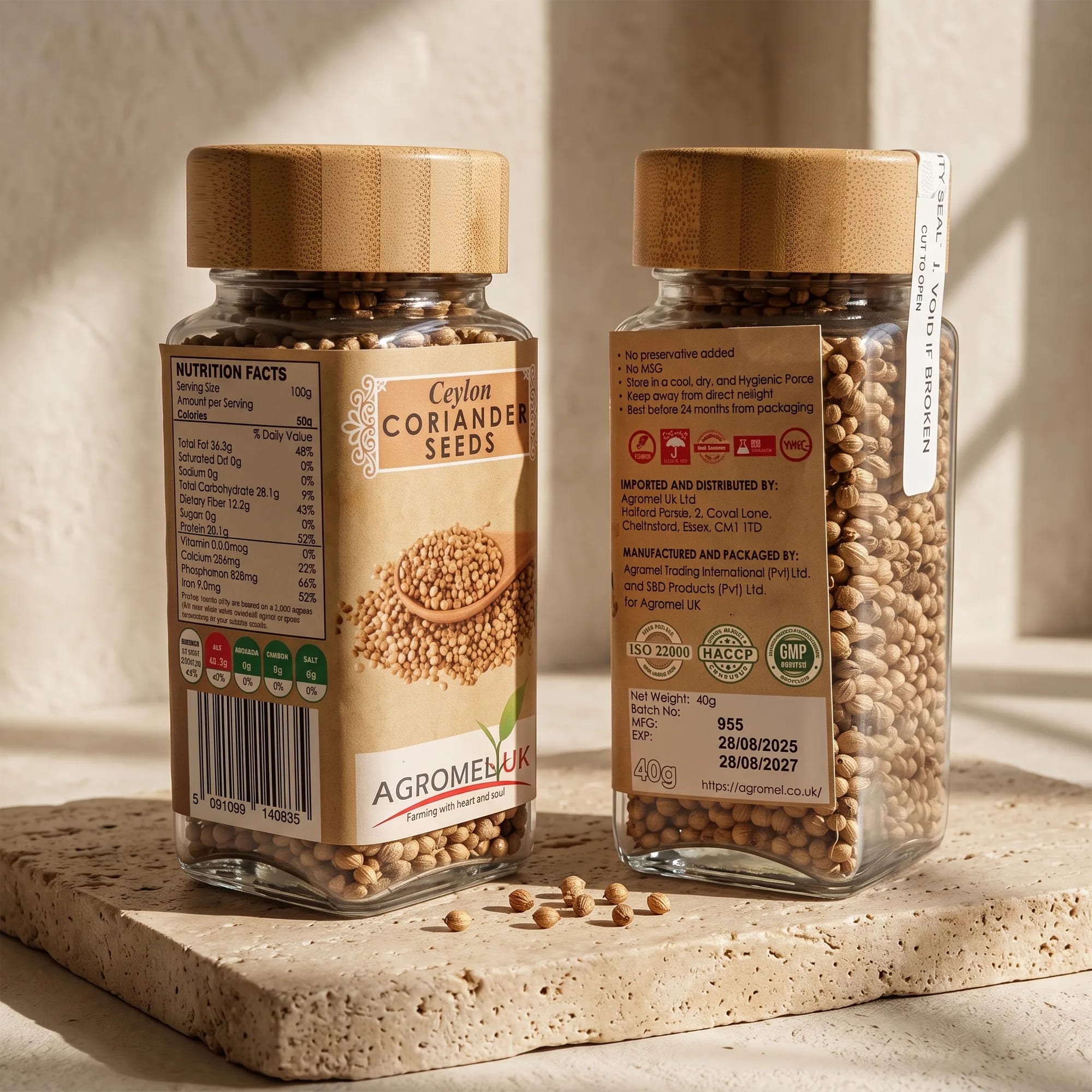 Ceylon Coriander Seeds 40g glass jar in a styled lifestyle scene (view 2) — made in Sri Lanka, from Agromel UK