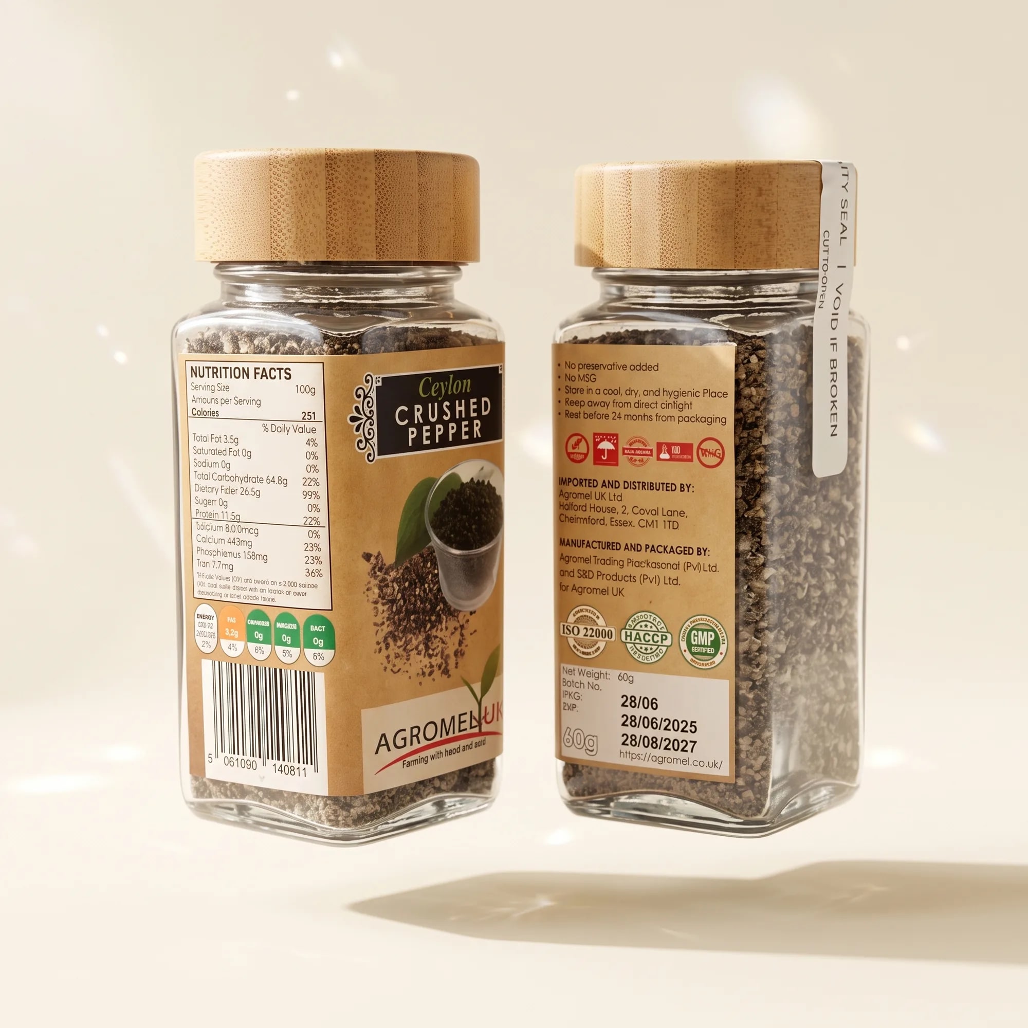 Ceylon Crushed Pepper 60g glass jar in a styled lifestyle scene — made in Sri Lanka, from Agromel UK