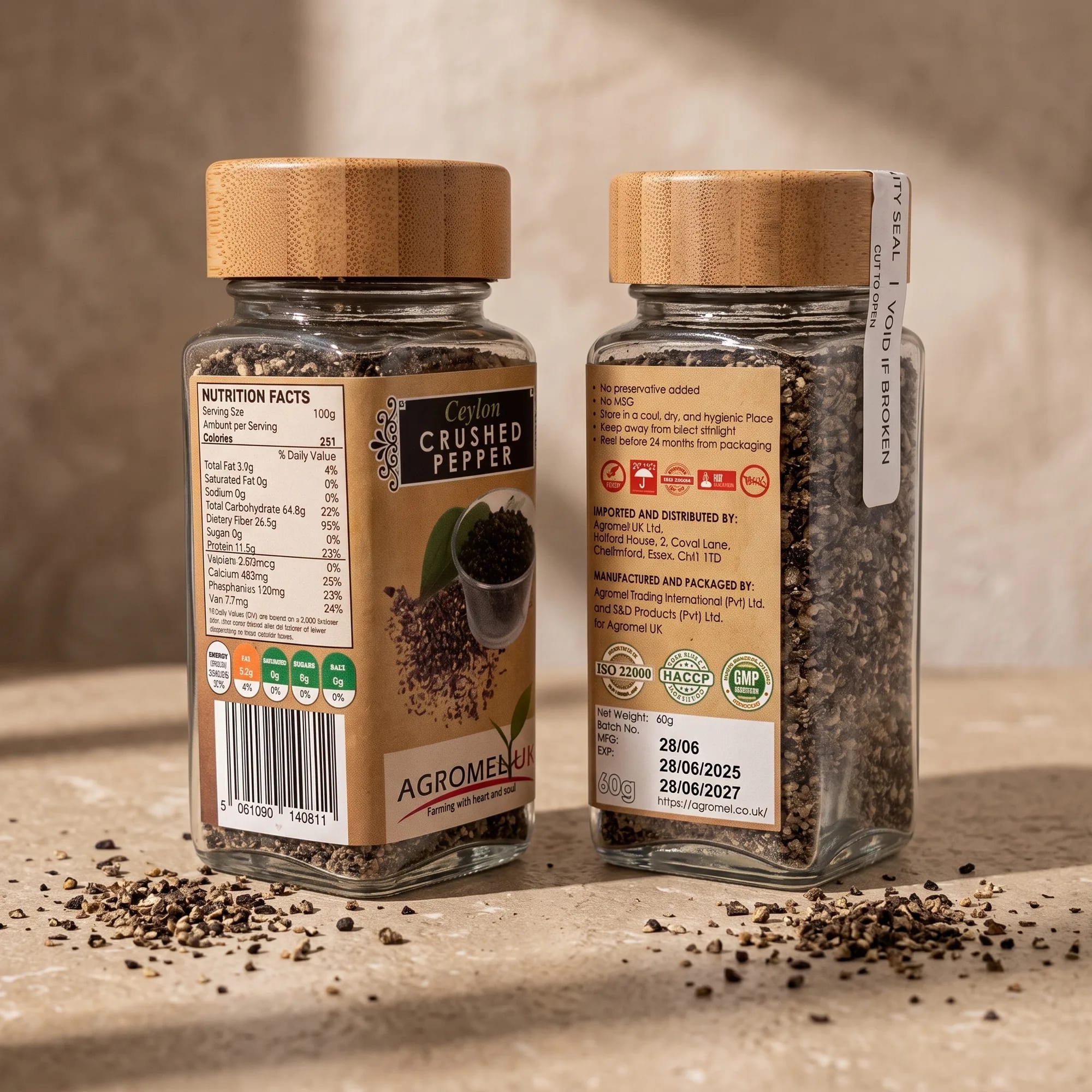 Ceylon Crushed Pepper 60g glass jar in a styled lifestyle scene (view 2) — made in Sri Lanka, from Agromel UK