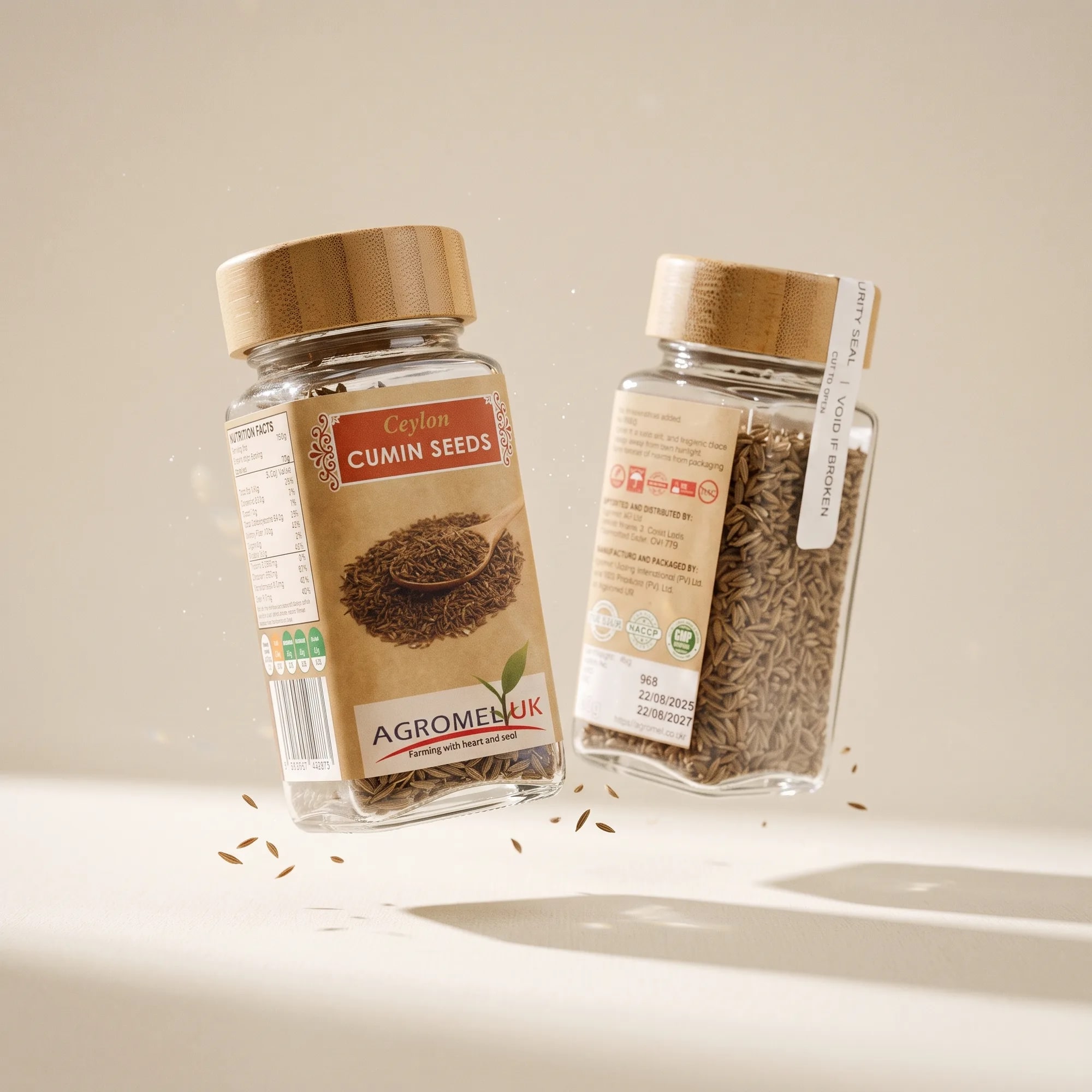 Ceylon Cumin Seeds 40g glass jar in a styled lifestyle scene — made in Sri Lanka, from Agromel UK
