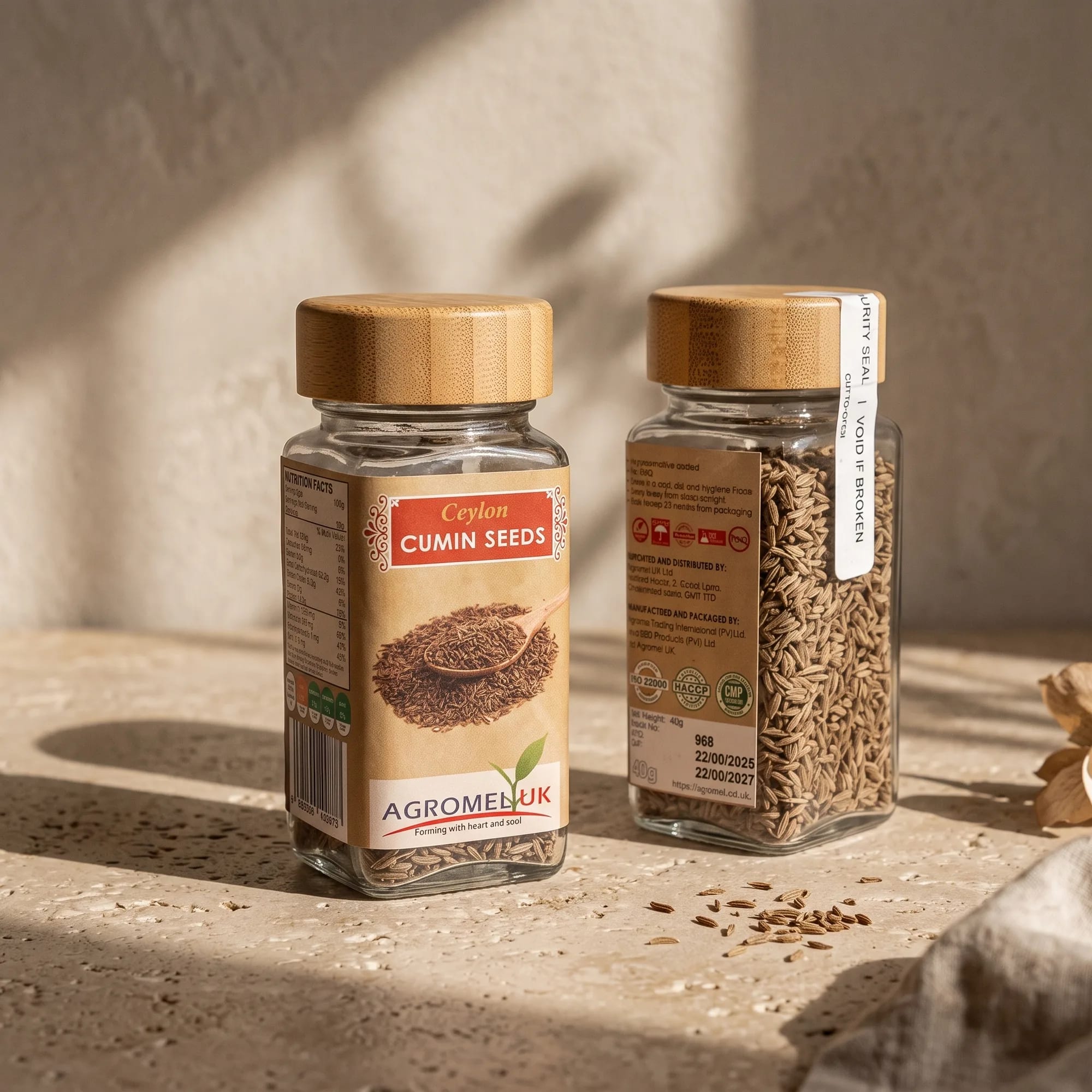 Ceylon Cumin Seeds 40g glass jar in natural window light — made in Sri Lanka, from Agromel UK