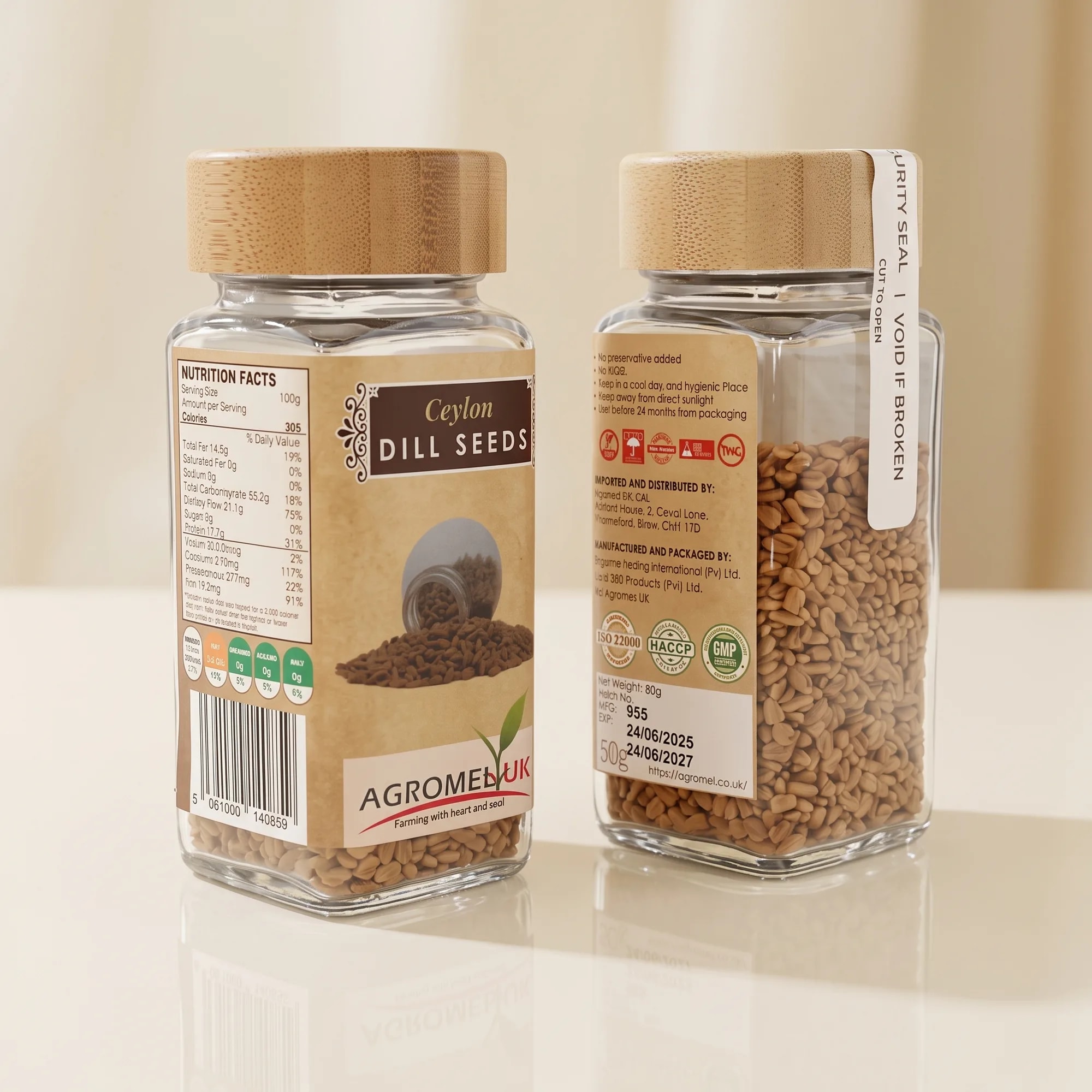 Ceylon Dill Seeds 60g glass jar on a reflective glass surface — made in Sri Lanka, from Agromel UK