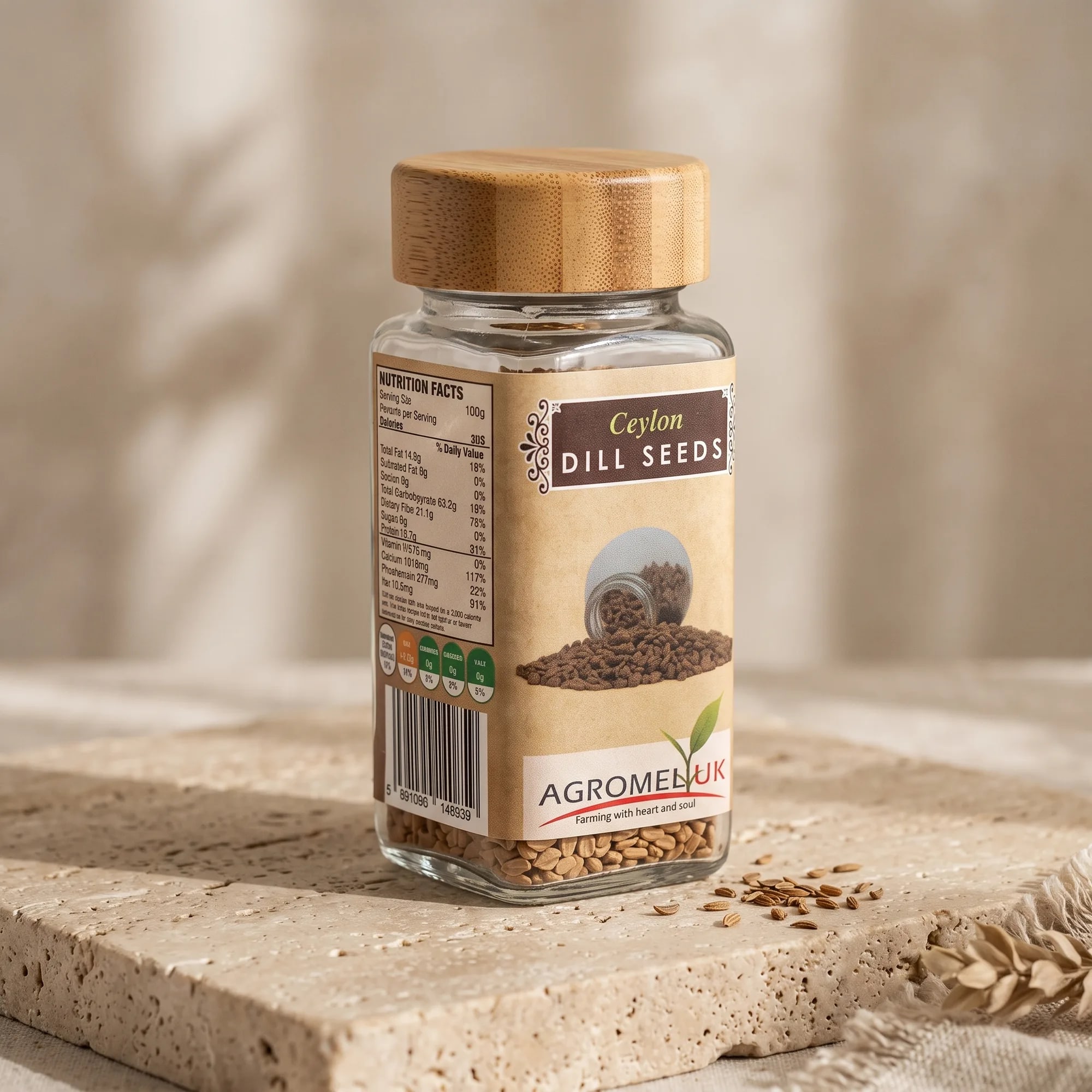 Ceylon Dill Seeds 60g glass jar in a styled lifestyle scene — made in Sri Lanka, from Agromel UK