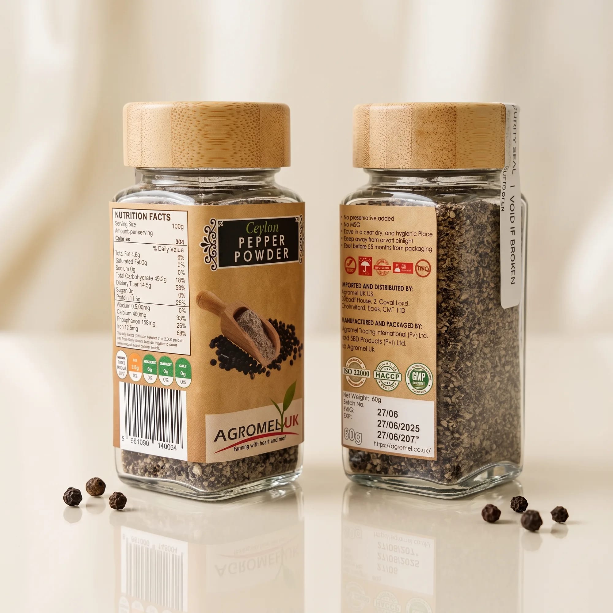 Ceylon Pepper Powder 60g glass jar on a reflective glass surface — made in Sri Lanka, from Agromel UK