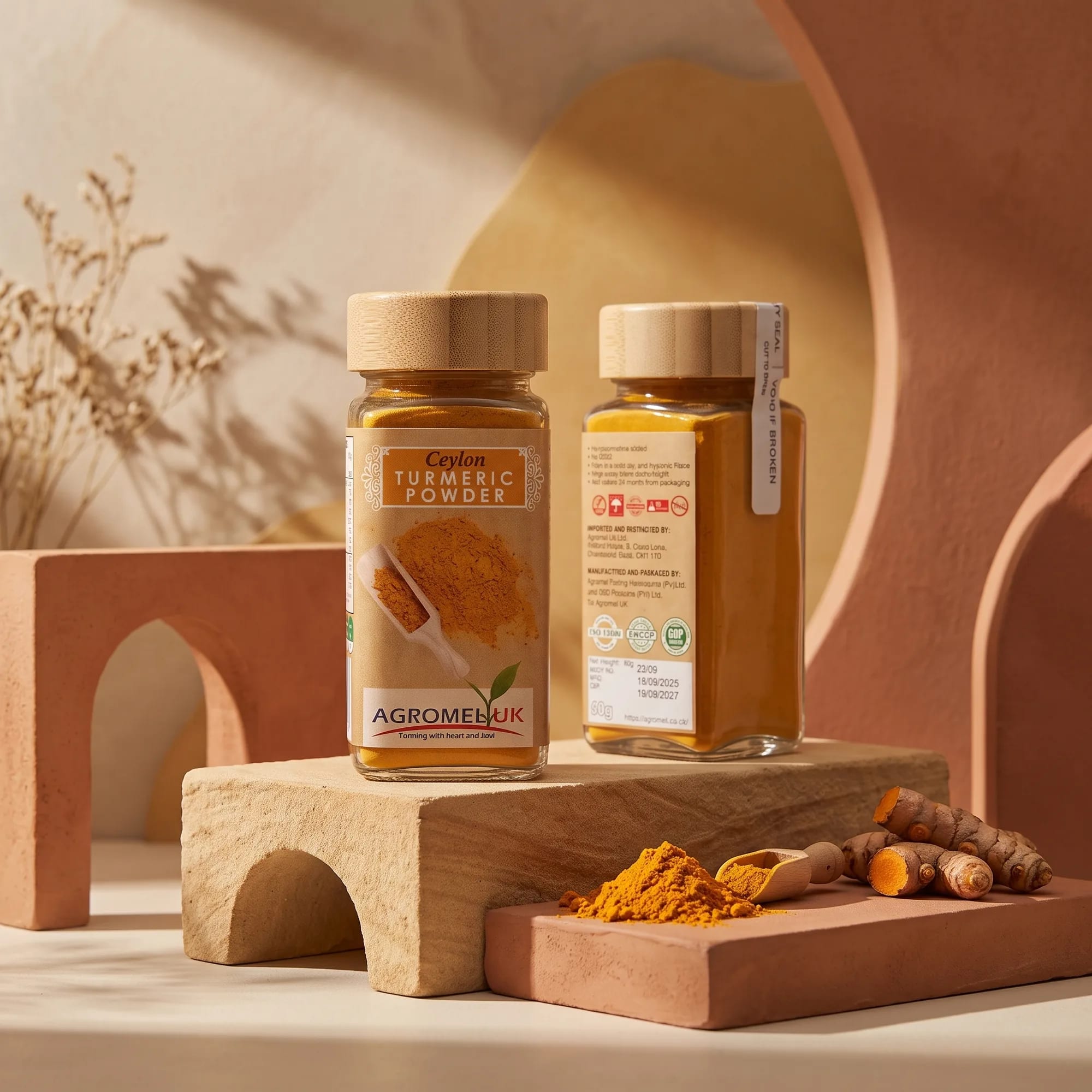 Ceylon Turmeric Powder 60g glass jar in warm dappled sunlight — made in Sri Lanka, from Agromel UK