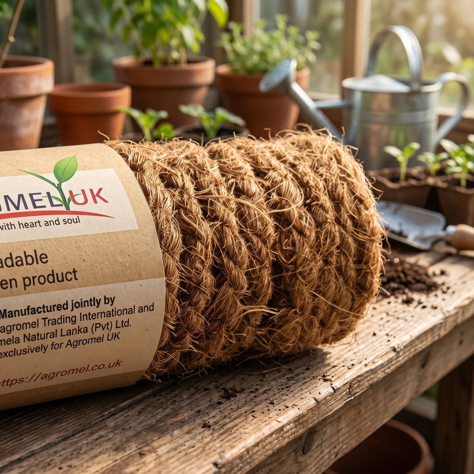 Coconut Coir Rope Coil 20m rope coil on a rustic wooden workbench — made in Sri Lanka, from Agromel UK