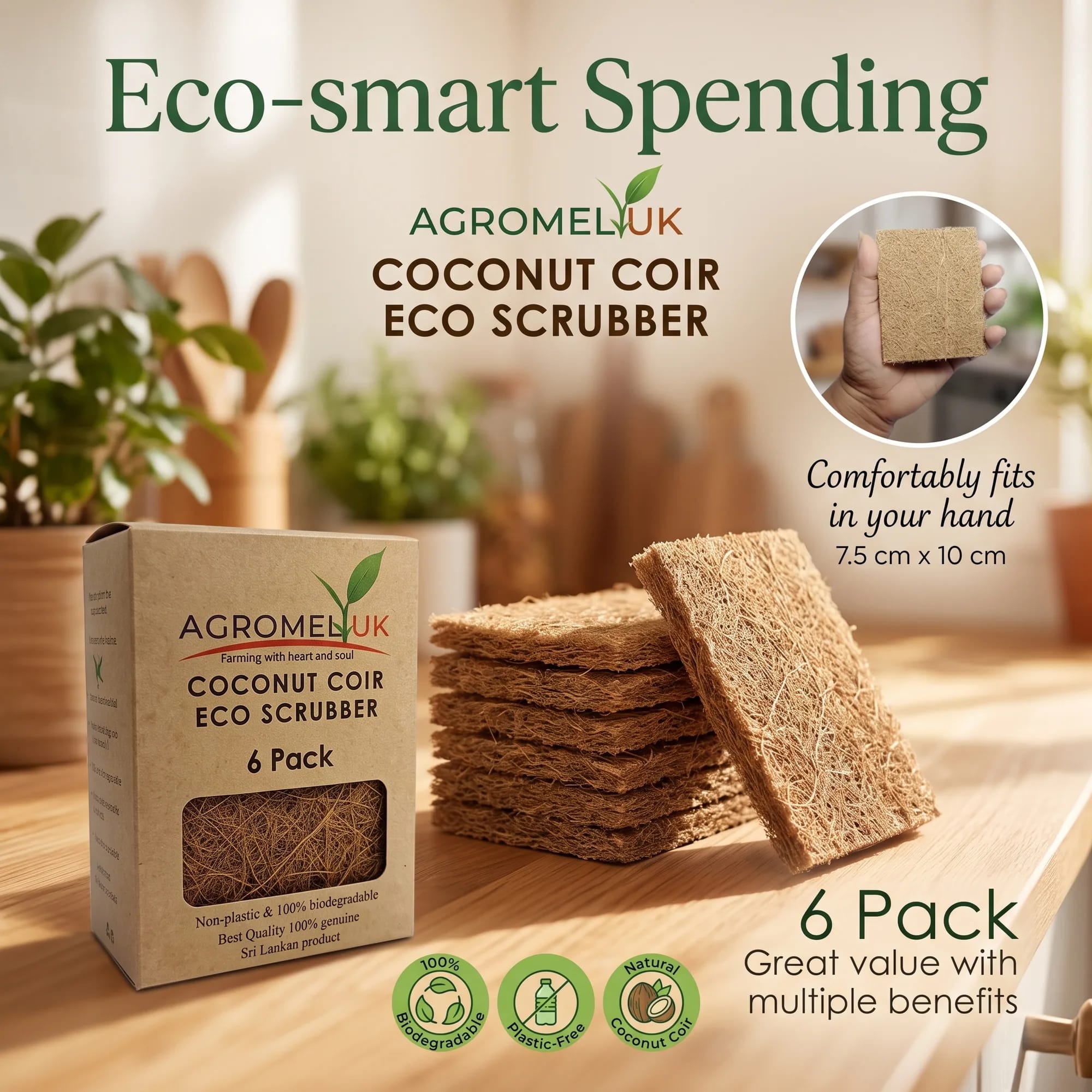 Coconut Coir Eco Scrubber 60g scrubber pads — 6-pack box and pads on a kitchen counter; made in Sri Lanka, from Agromel UK