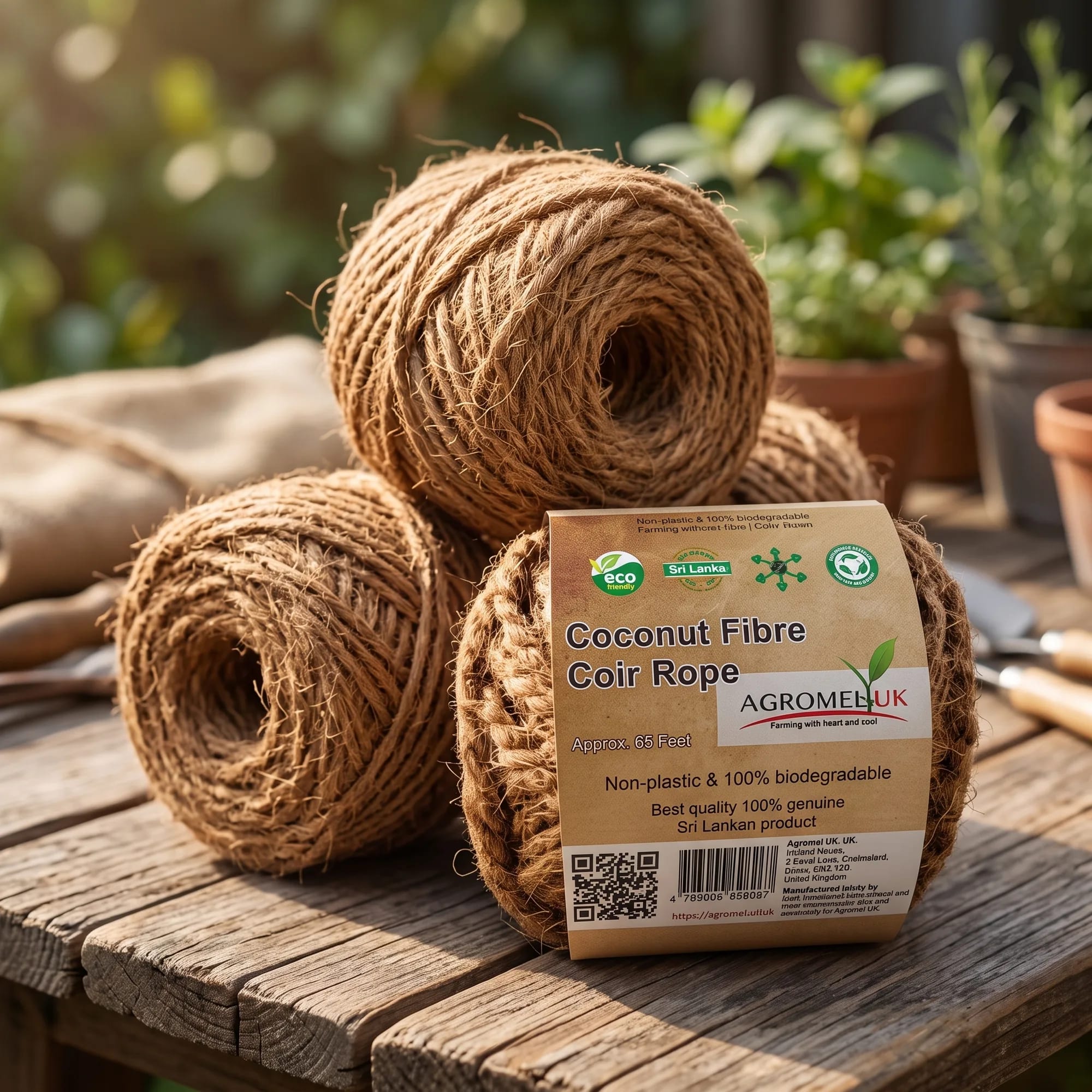 Coconut Coir Rope Bobbin 20m rope bobbin on a rustic wooden table — made in Sri Lanka, from Agromel UK