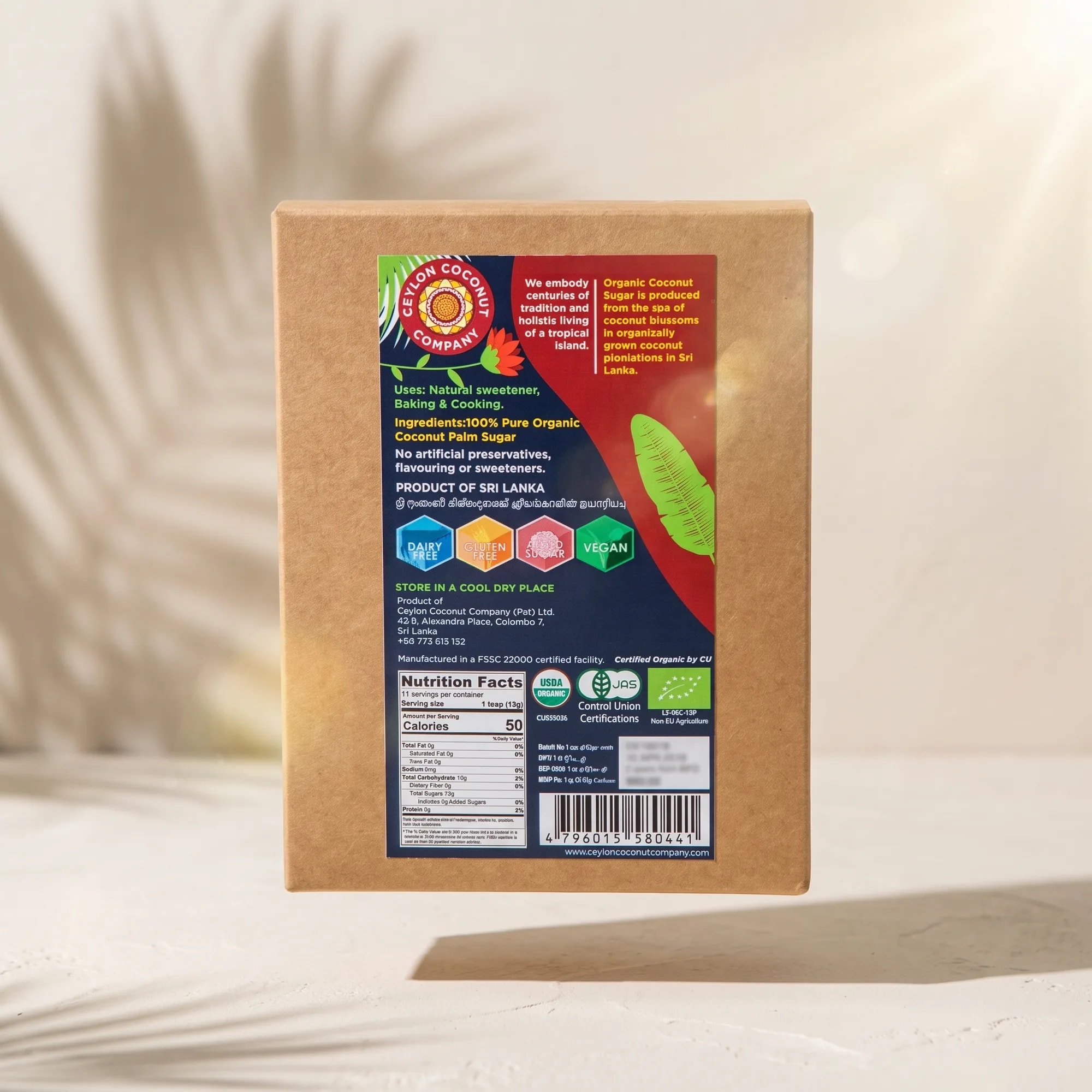 Organic Coconut Sugar 250g box in a styled lifestyle scene — made in Sri Lanka, from Agromel UK