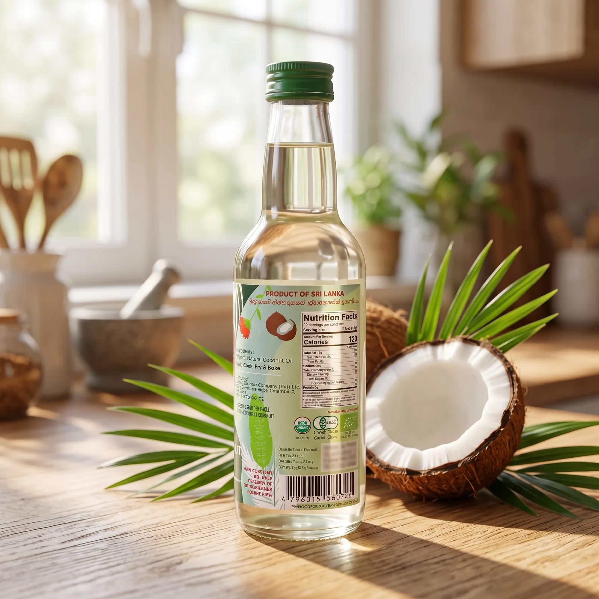 Organic Natural Coconut Oil 375ml bottle in a styled lifestyle scene — made in Sri Lanka, from Agromel UK