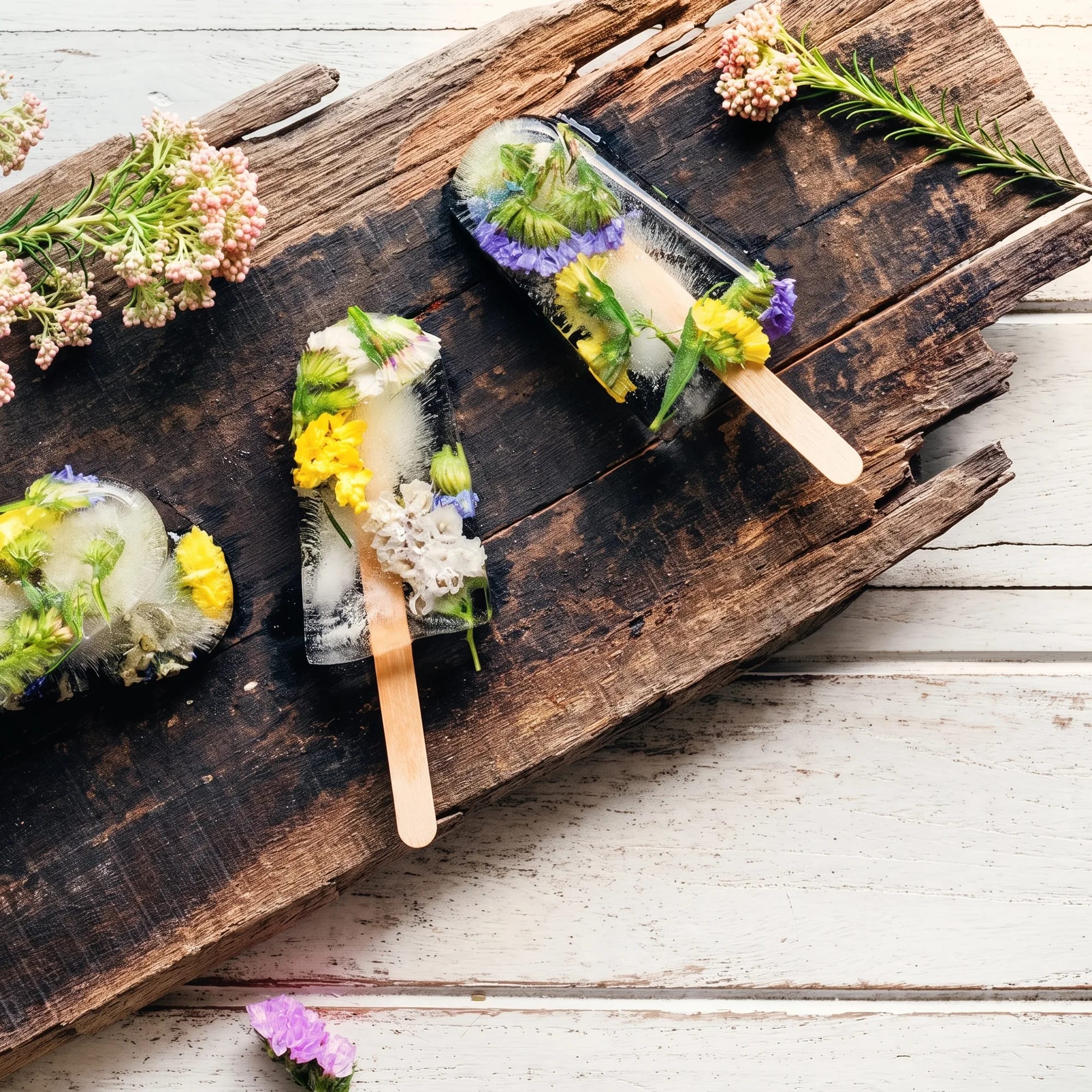 Dried Cornflowers serving idea — homemade ice lollies set with edible flowers, from Agromel UK