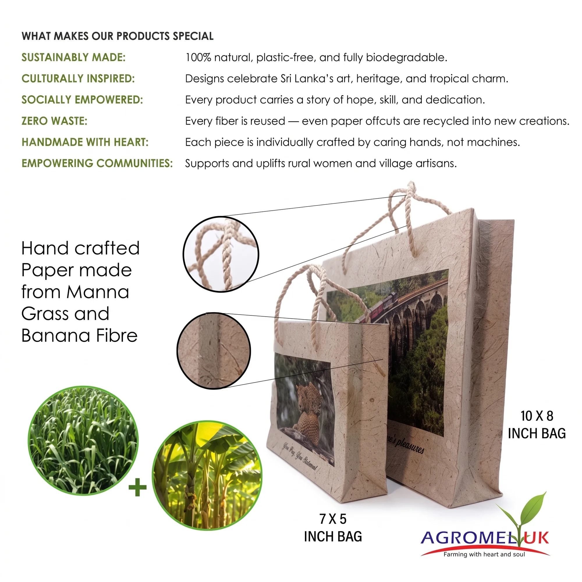 Handcrafted Bag — Elephant & Eagle infographic — handmade from manna grass and banana fibre paper, shown in 7 × 5 and 10 × 8 inch sizes, from Agromel UK