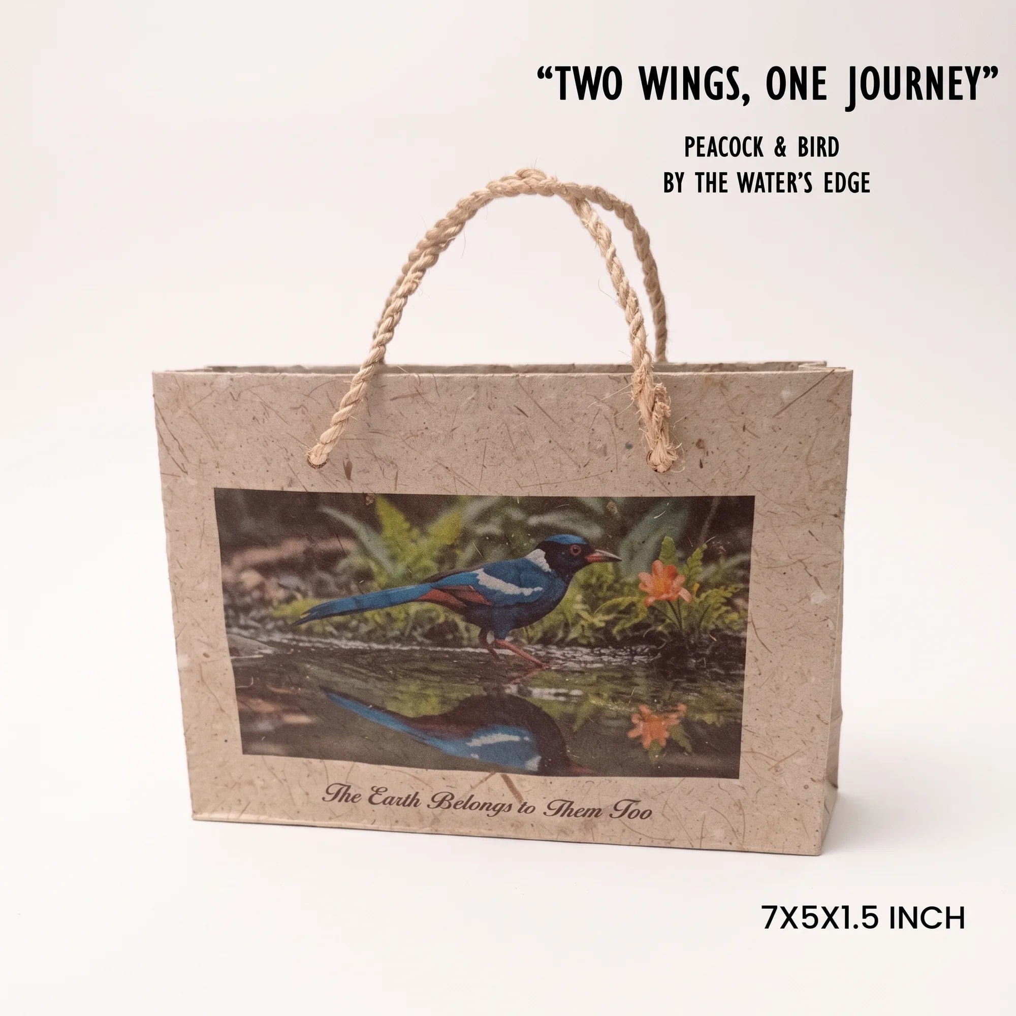 Handcrafted Bag — Peacock & Bird 7 × 5 in handmade paper gift bag with rope handles (view 3) — made in Sri Lanka, from Agromel UK