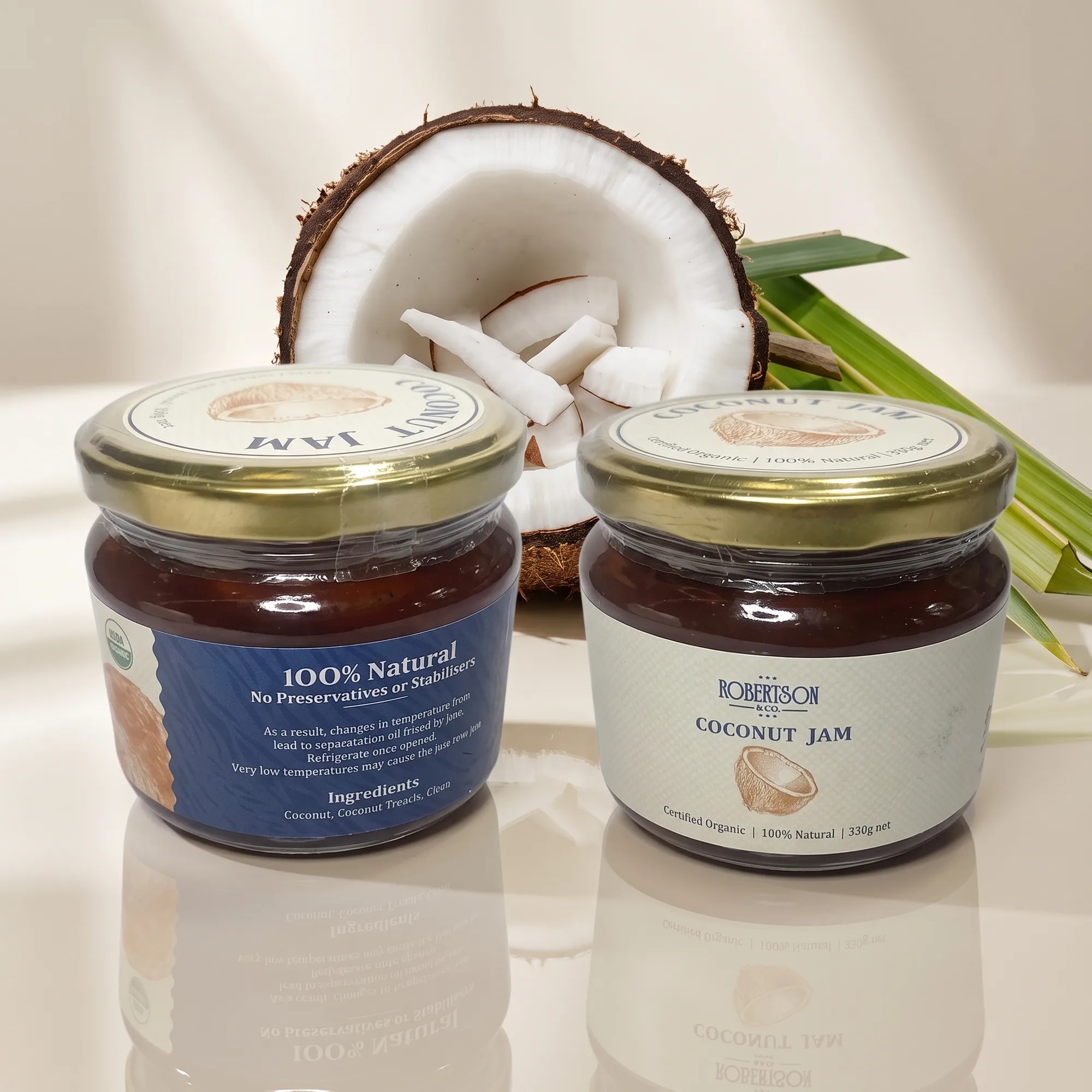 Organic Coconut Jam 300g jar on a reflective glass surface — made in Sri Lanka, from Agromel UK