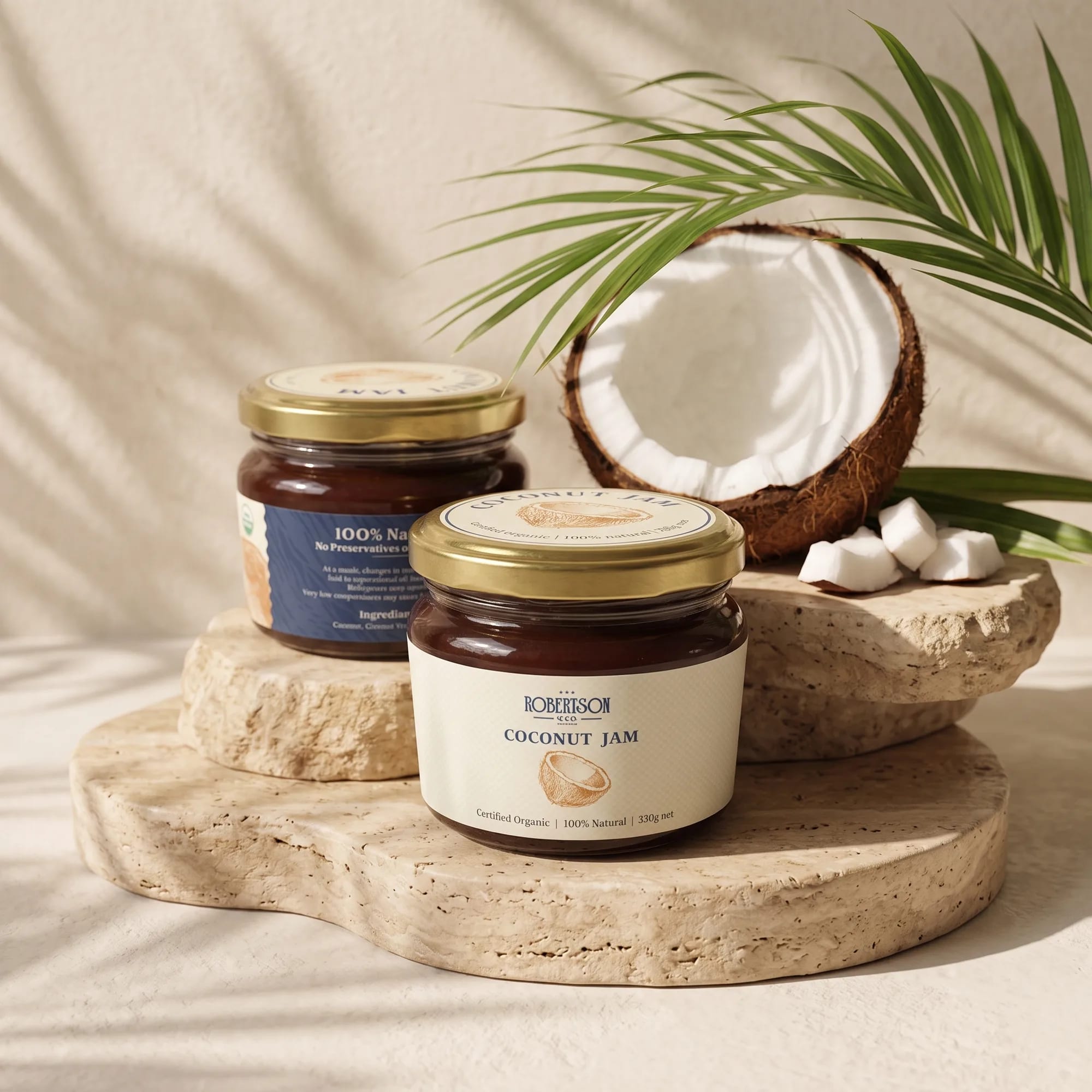 Organic Coconut Jam 300g jar in a soft-lit studio setting — made in Sri Lanka, from Agromel UK