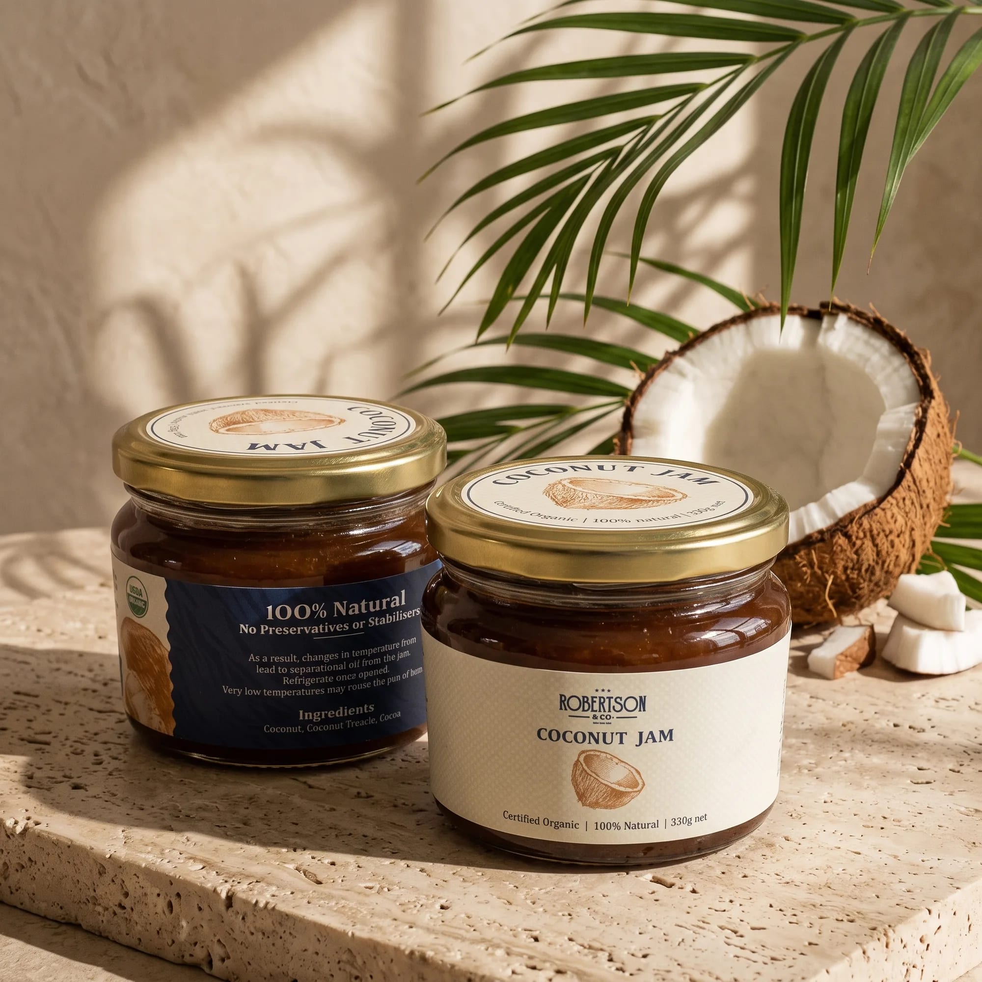 Organic Coconut Jam 300g jar in a styled lifestyle scene — made in Sri Lanka, from Agromel UK