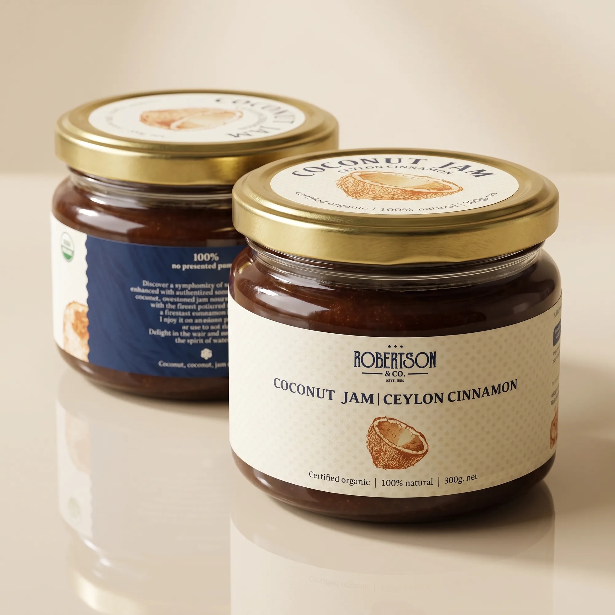 Organic Coconut Jam — Ceylon Cinnamon 300g jar on a reflective glass surface — made in Sri Lanka, from Agromel UK