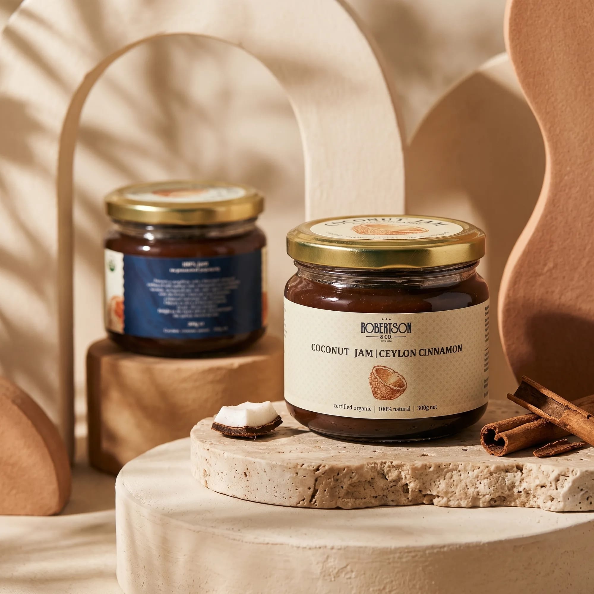 Organic Coconut Jam — Ceylon Cinnamon 300g jar in warm dappled sunlight — made in Sri Lanka, from Agromel UK