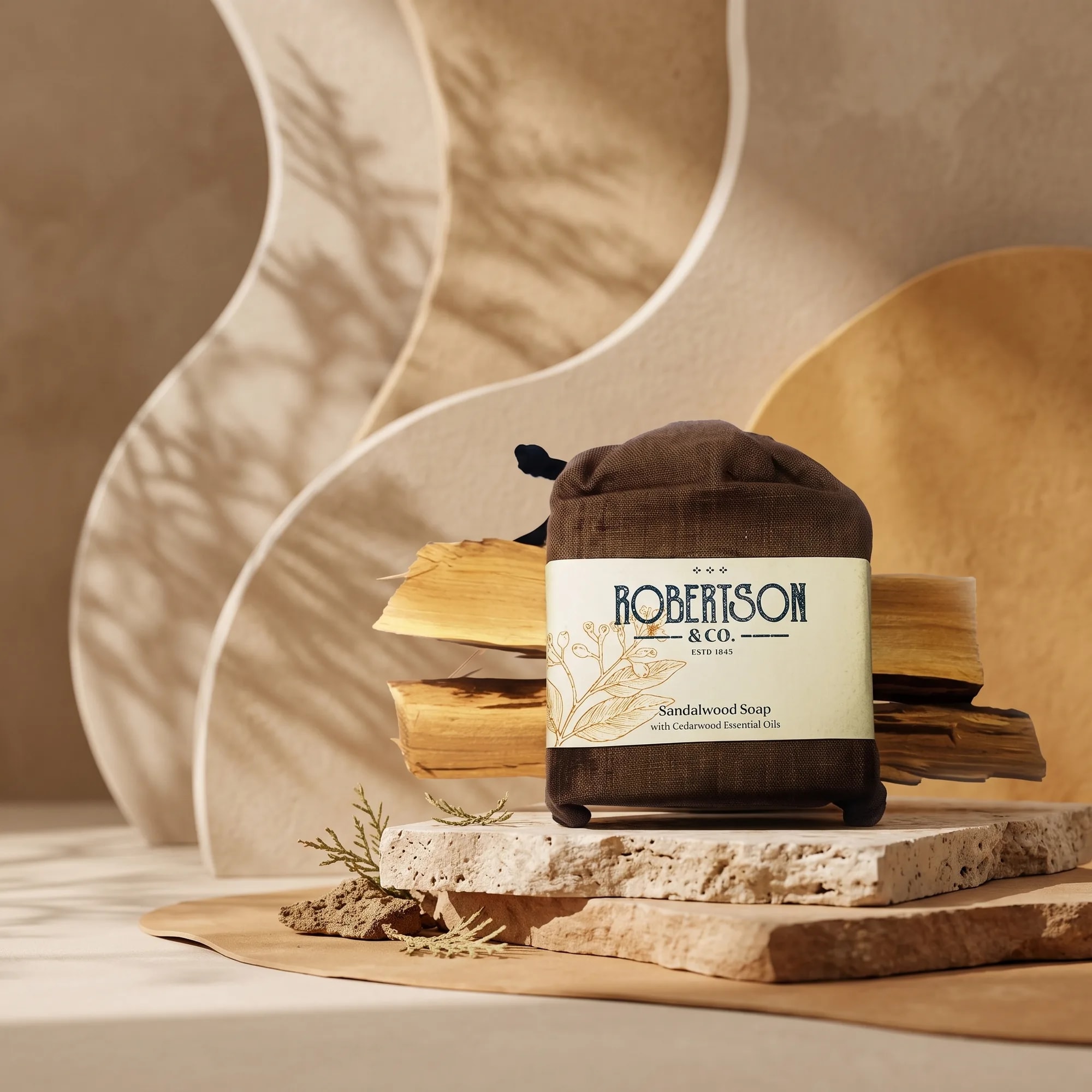 Sandalwood Soap 100g bar soap in a cotton drawstring pouch in warm dappled sunlight — made in Sri Lanka, from Agromel UK