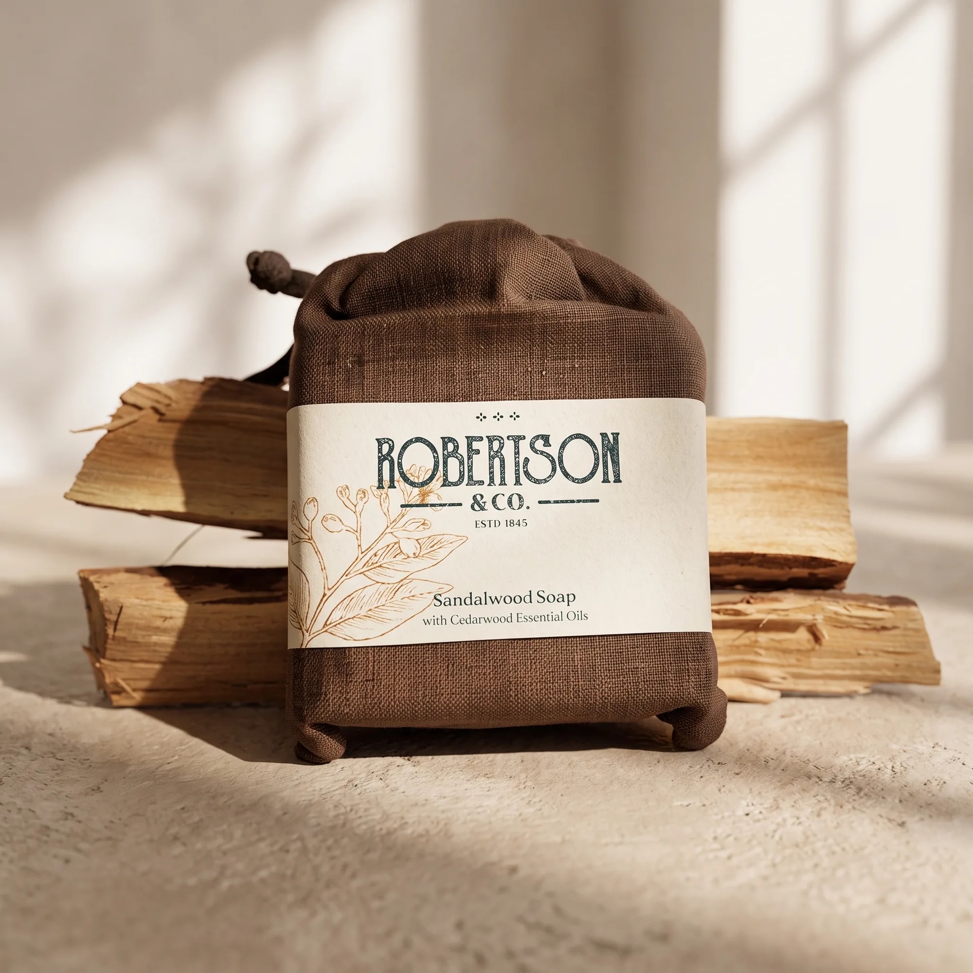 Sandalwood Soap 100g bar soap in a cotton drawstring pouch in a styled lifestyle scene — made in Sri Lanka, from Agromel UK