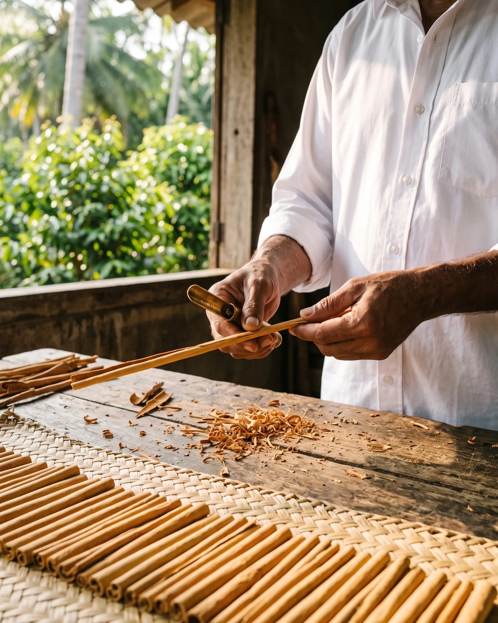 A Sri Lankan craftsman hand-rolling Ceylon cinnamon quills at a wooden workbench