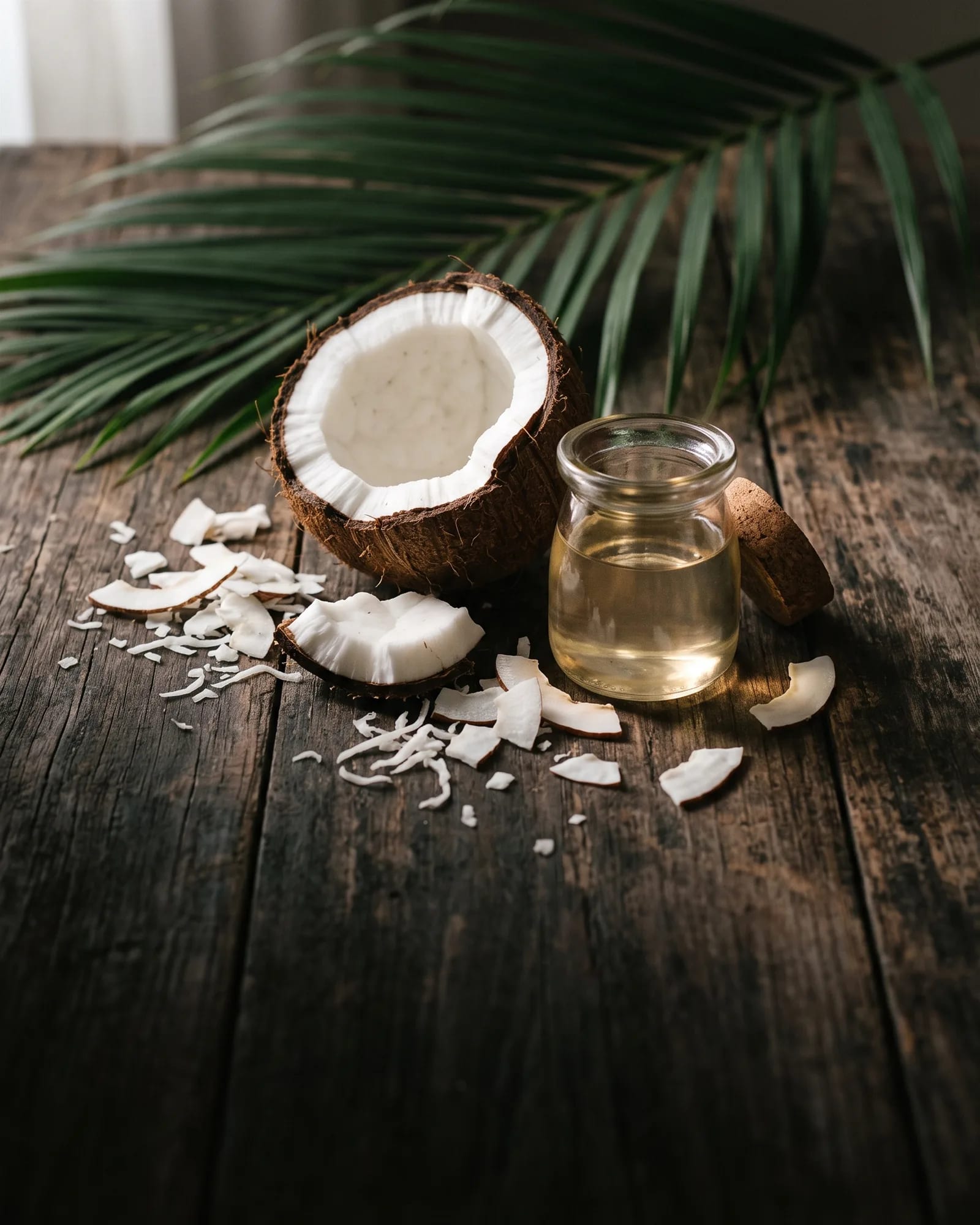 Fresh coconut halves, coconut flakes and a jar of coconut oil on a dark wooden table