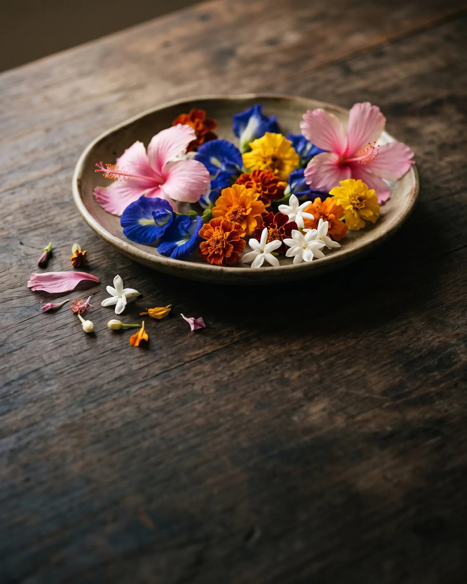 A bowl of edible flowers — butterfly pea, marigold, hibiscus and jasmine — on a dark wooden table