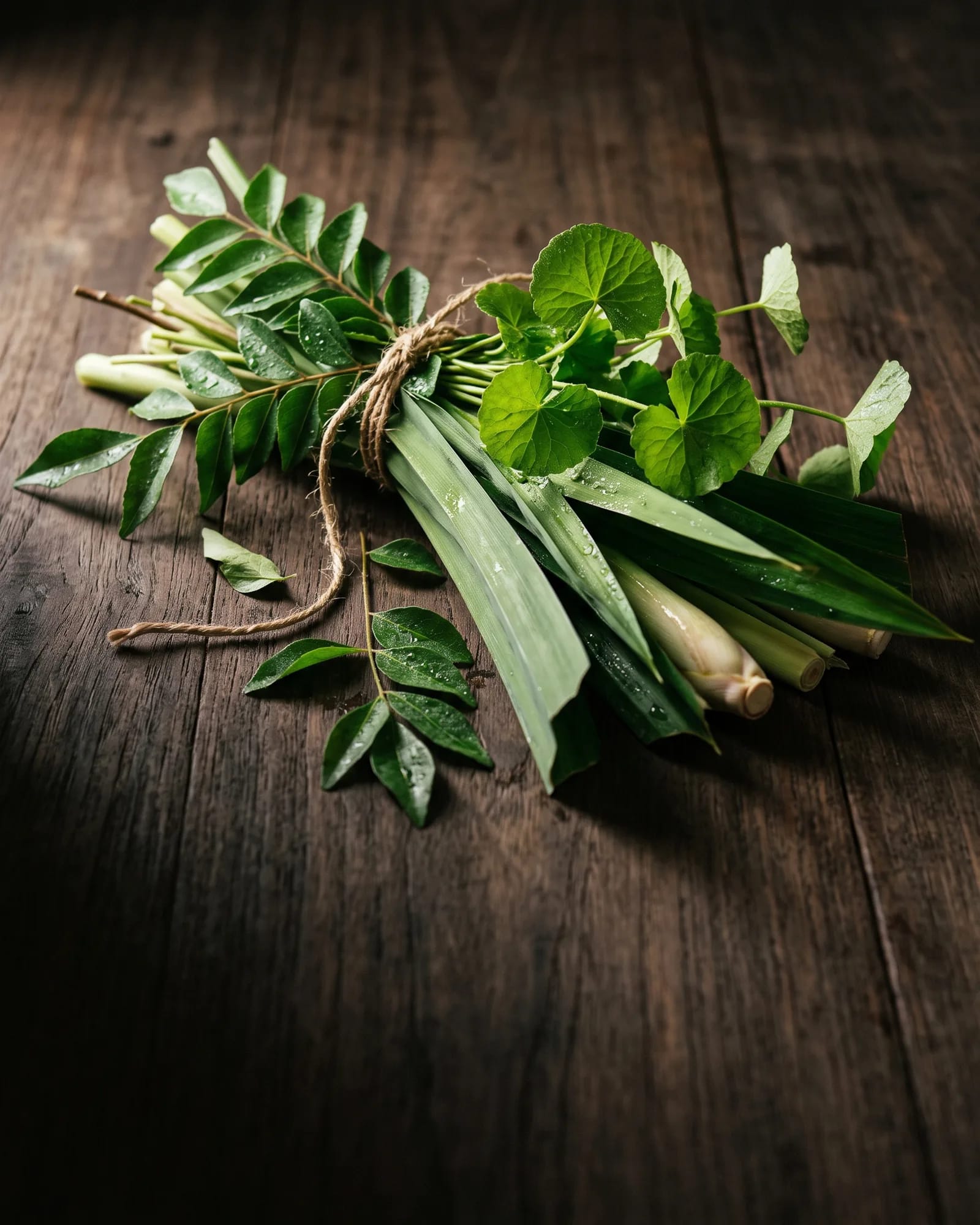 A tied bundle of fresh curry leaves, gotu kola and lemongrass on a dark wooden table