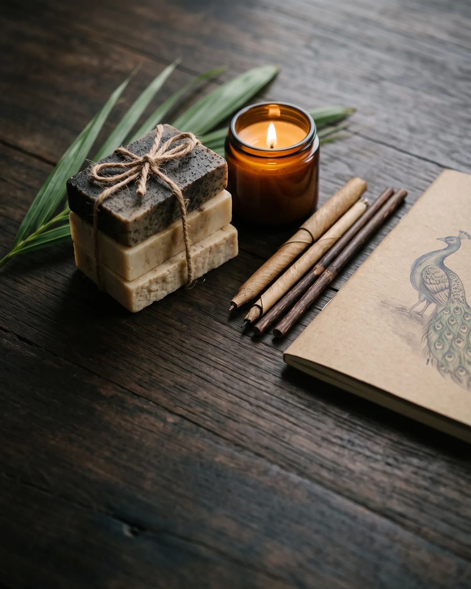 Handmade soap bars, a candle, coconut wood straws and a handcrafted notebook on a dark wooden table
