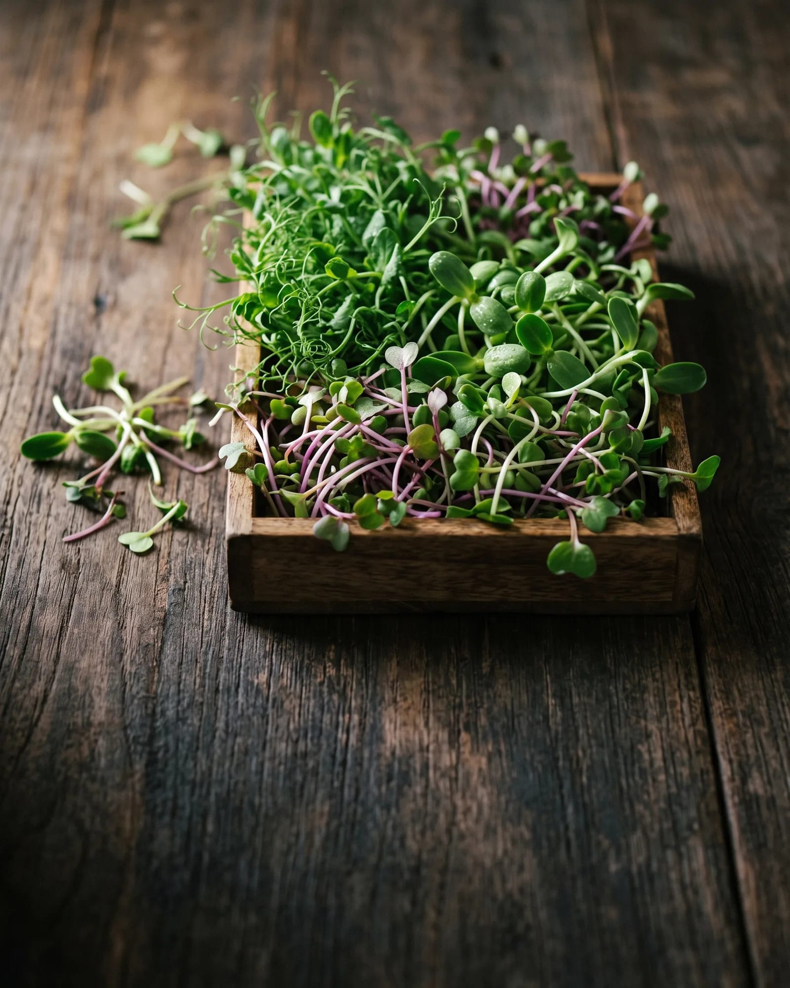A wooden tray of fresh microgreens on a dark wooden table