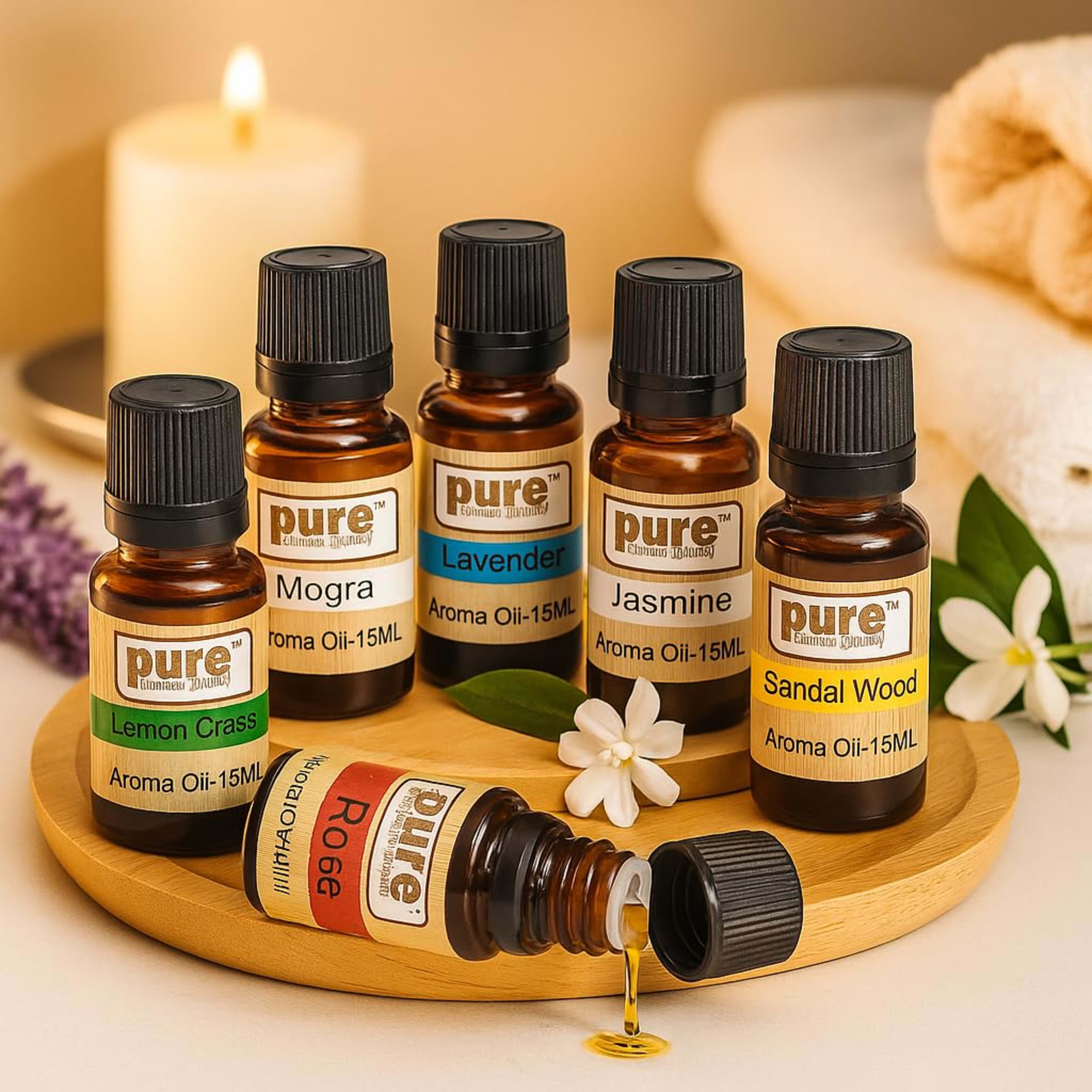 Pure Source India Aroma Diffuser Oil Set of 6 – Lavender Lemongrass Rose Jasmine Sandalwood Mogra
