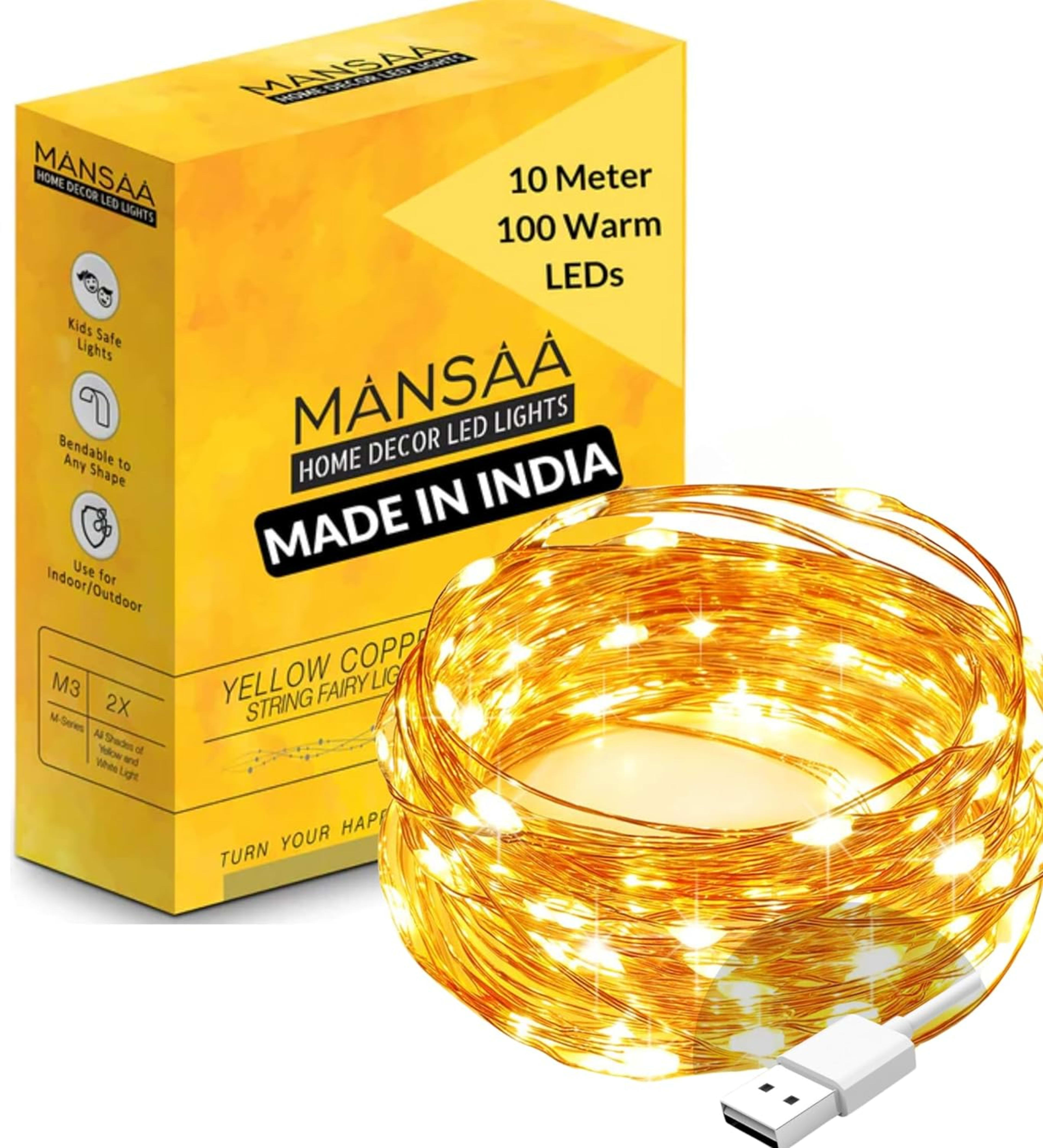 MANSAA 100 LED Fairy String Lights 10 Meter Warm Yellow USB Powered