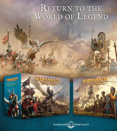 Return to the World of Legend - showing the two starter army boxes and miniatures for Warhammer the Old World.