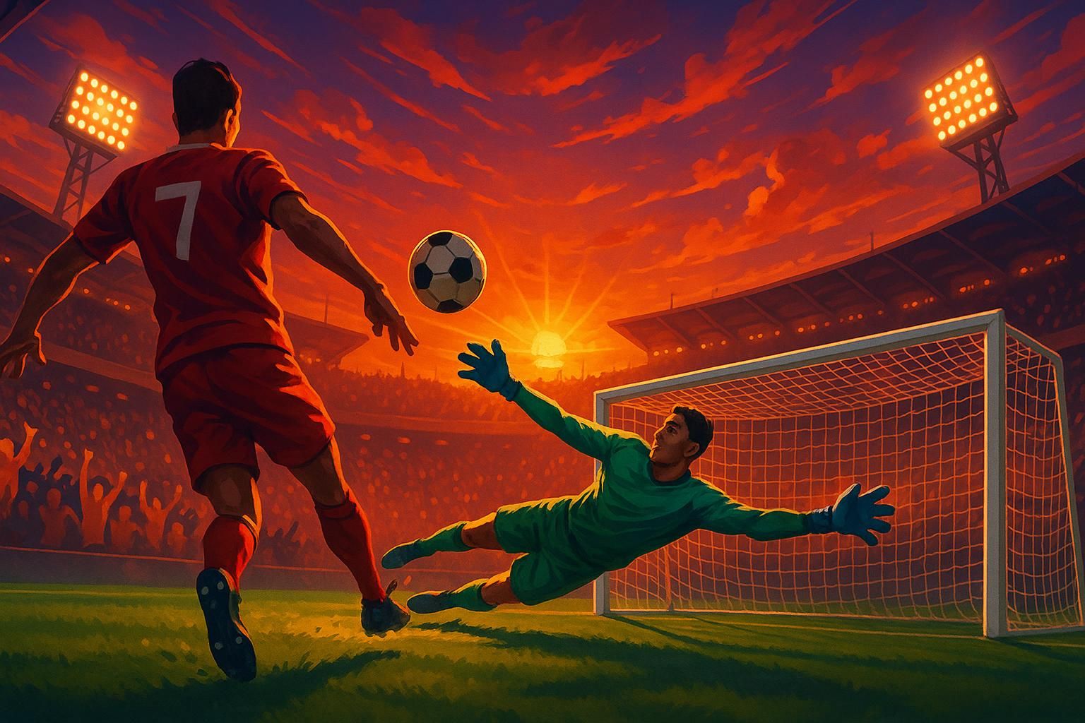 Ilustración vibrante de un penal de fútbol en un estadio lleno al atardecer