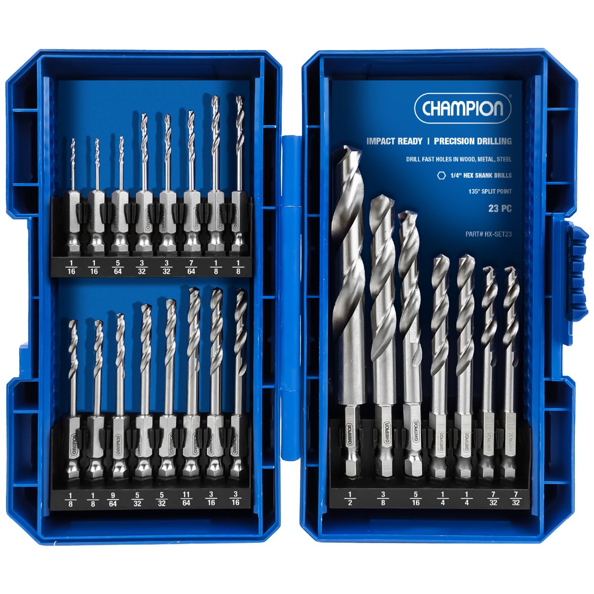 Champion 1/16"-1/2" x 64ths Hex Shank 135 Degree Split Point Drill Bit Set 23 pc.