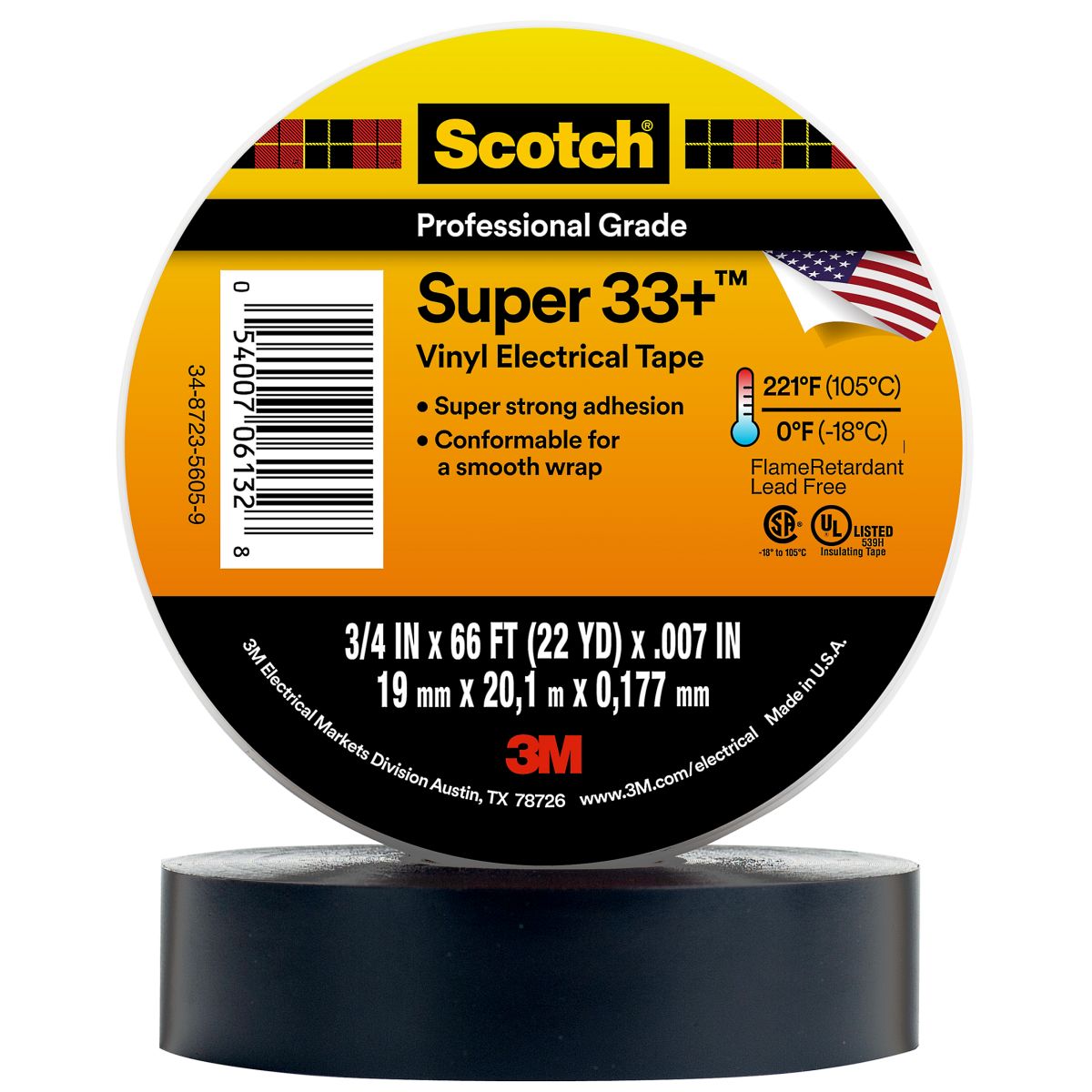 3M Scotch 3/4" x 66' Black Electrical Tape - Super 33+ Vinyl