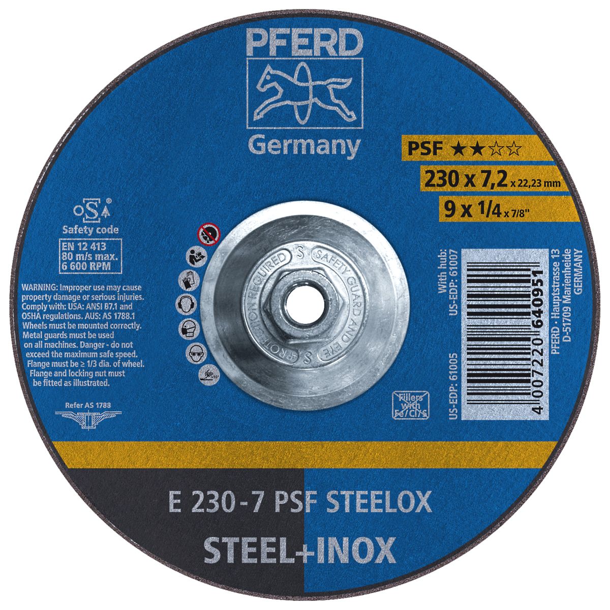 Pferd 9" x 1/4" x 5/8"-11 Type 27 Depressed Center Grinding Wheel For Steel