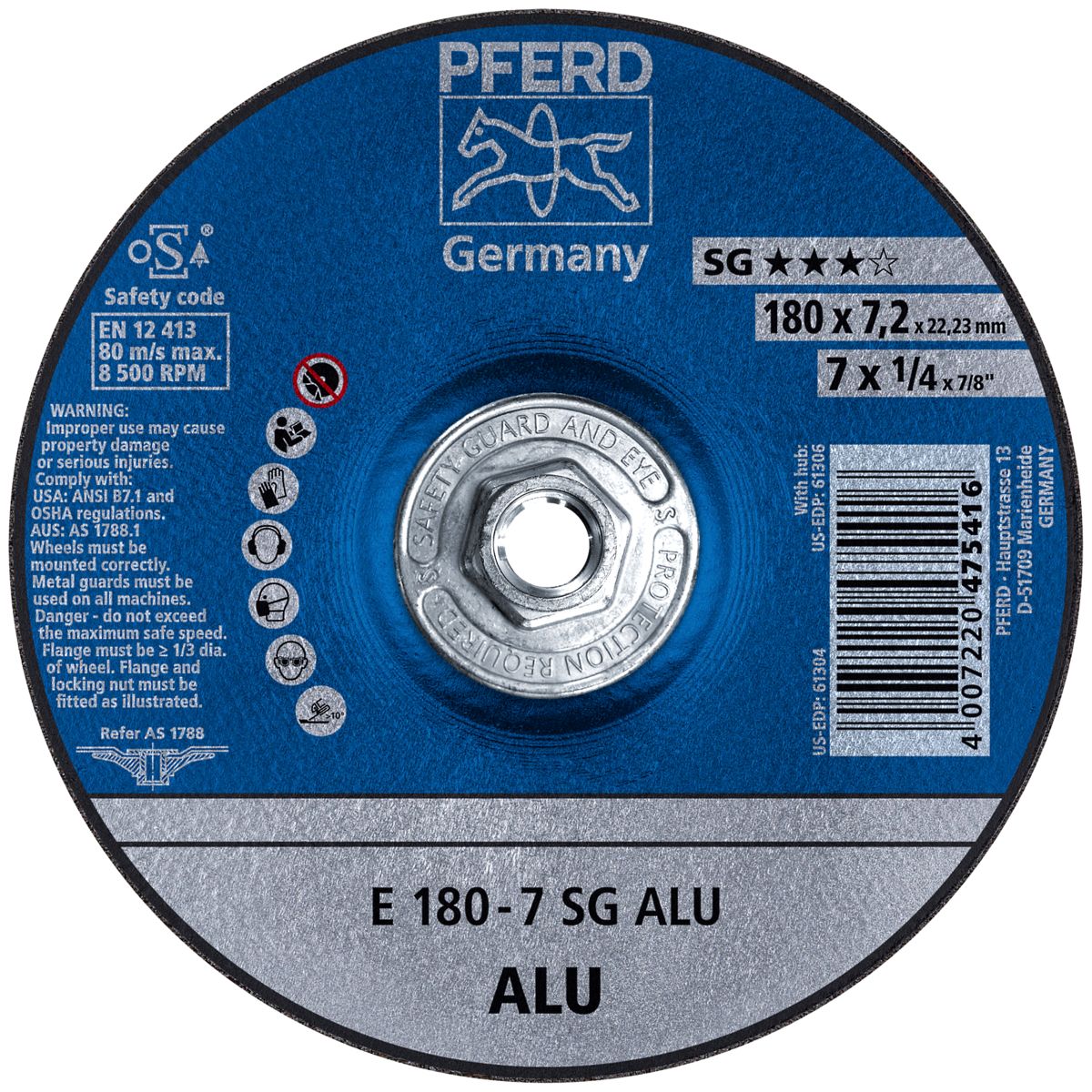 Pferd 7" x 1/4" x 5/8"-11 Type 27 Depressed Center Grinding Wheel For Aluminum